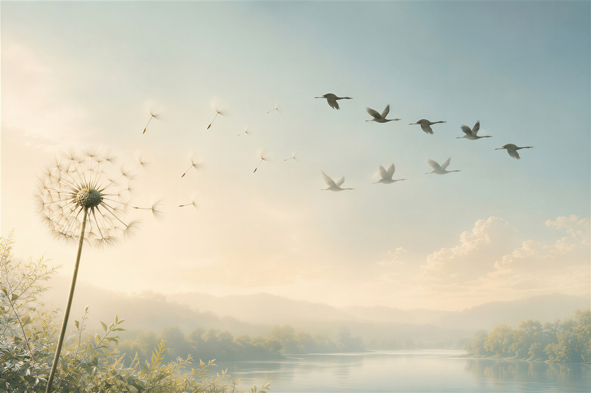 Fotobehang paardenbloem en vliegende vogels boven een meer in heldere pasteltinten