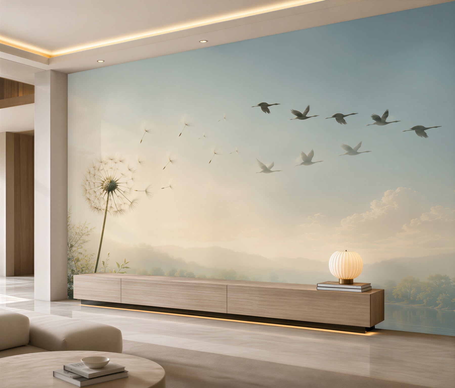 Fotobehang paardenbloem en vliegende vogels boven een meer in heldere pasteltinten