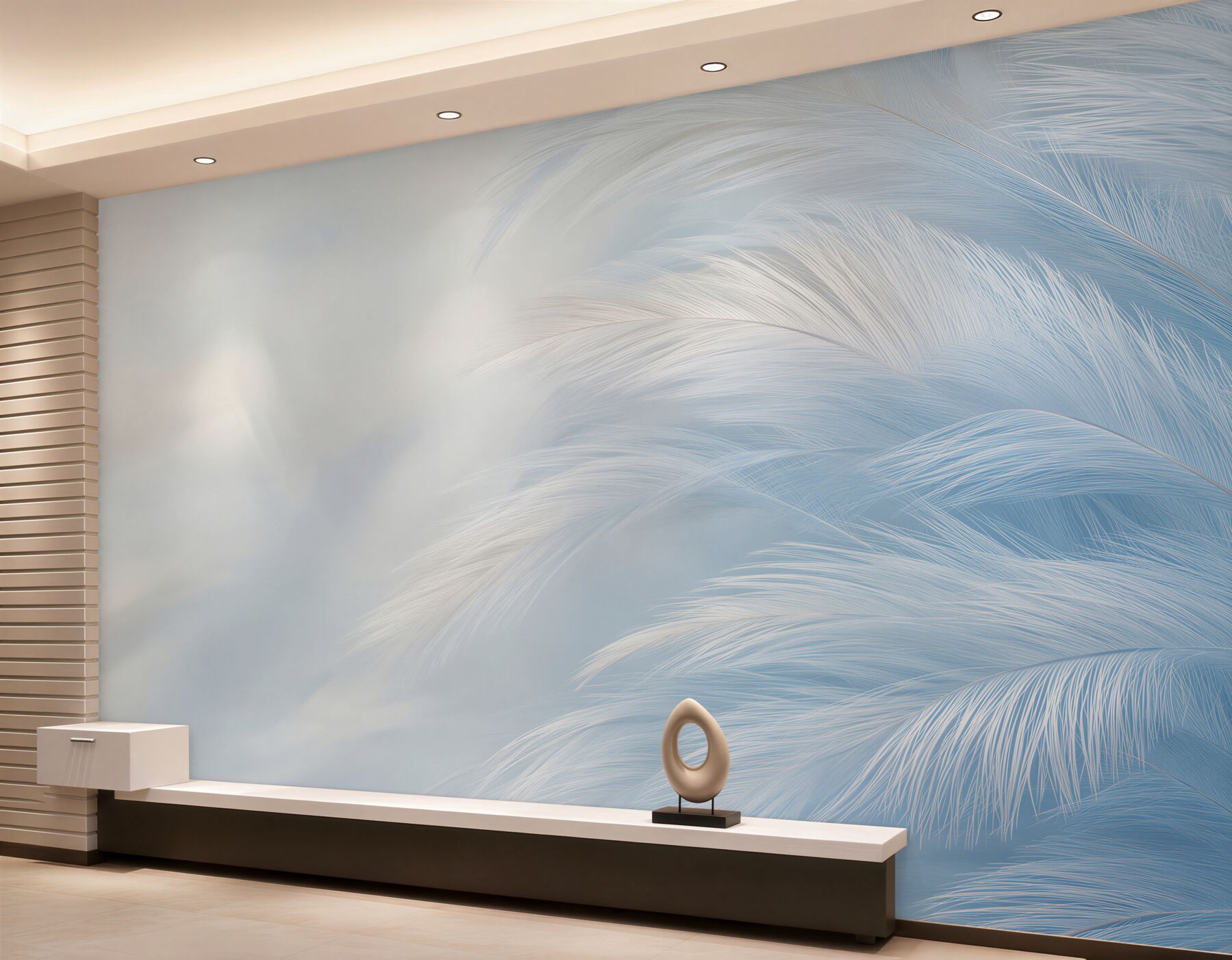 Fotobehang delicate witte veren op een blauwe achtergrond voor een elegante slaapkamer