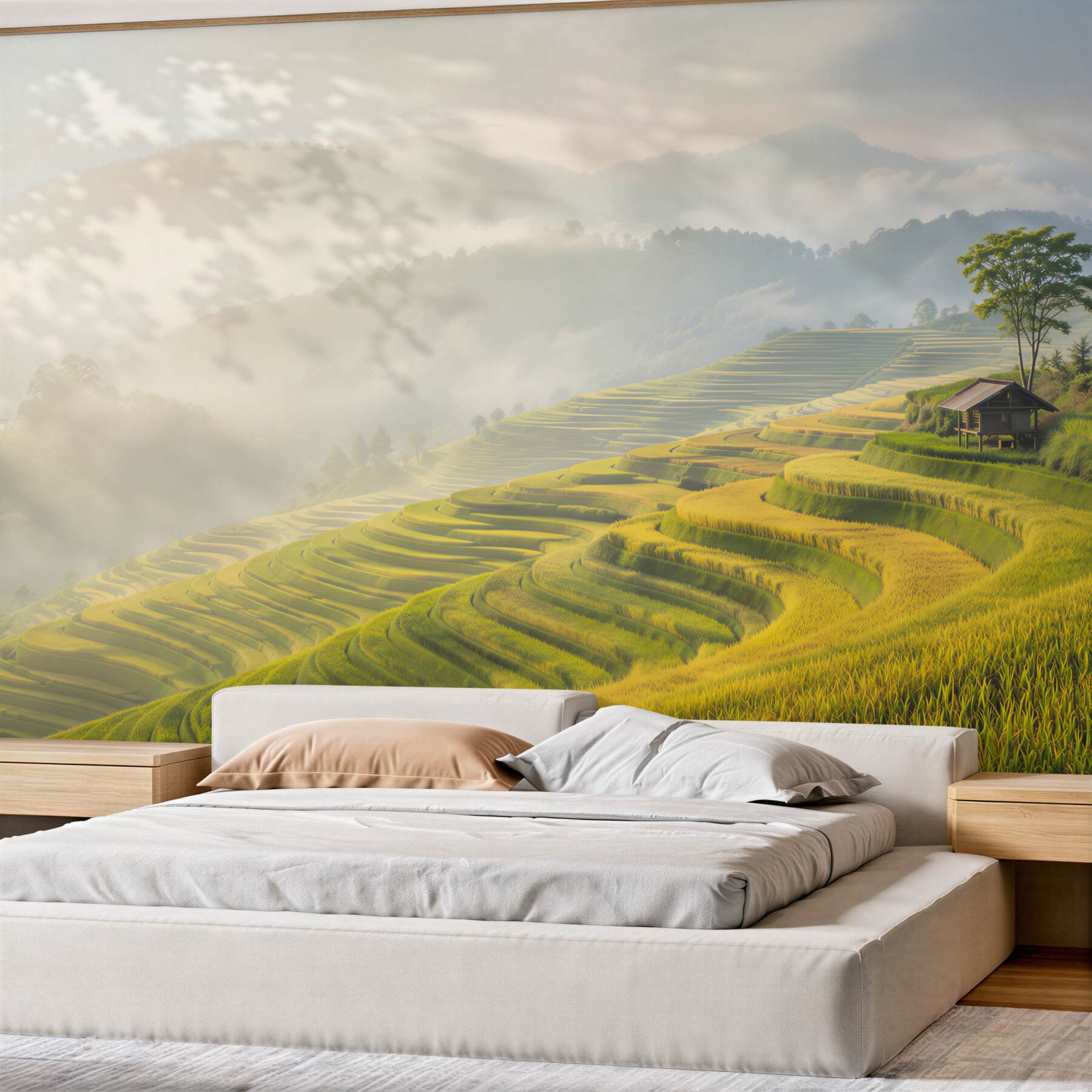 Fotobehang rijstterrassen in de mist bij zonsopgang