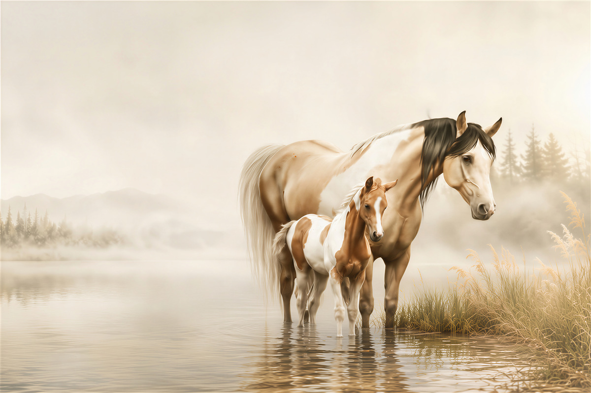 Fotobehang merrie met veulen aan het meer in beige mist