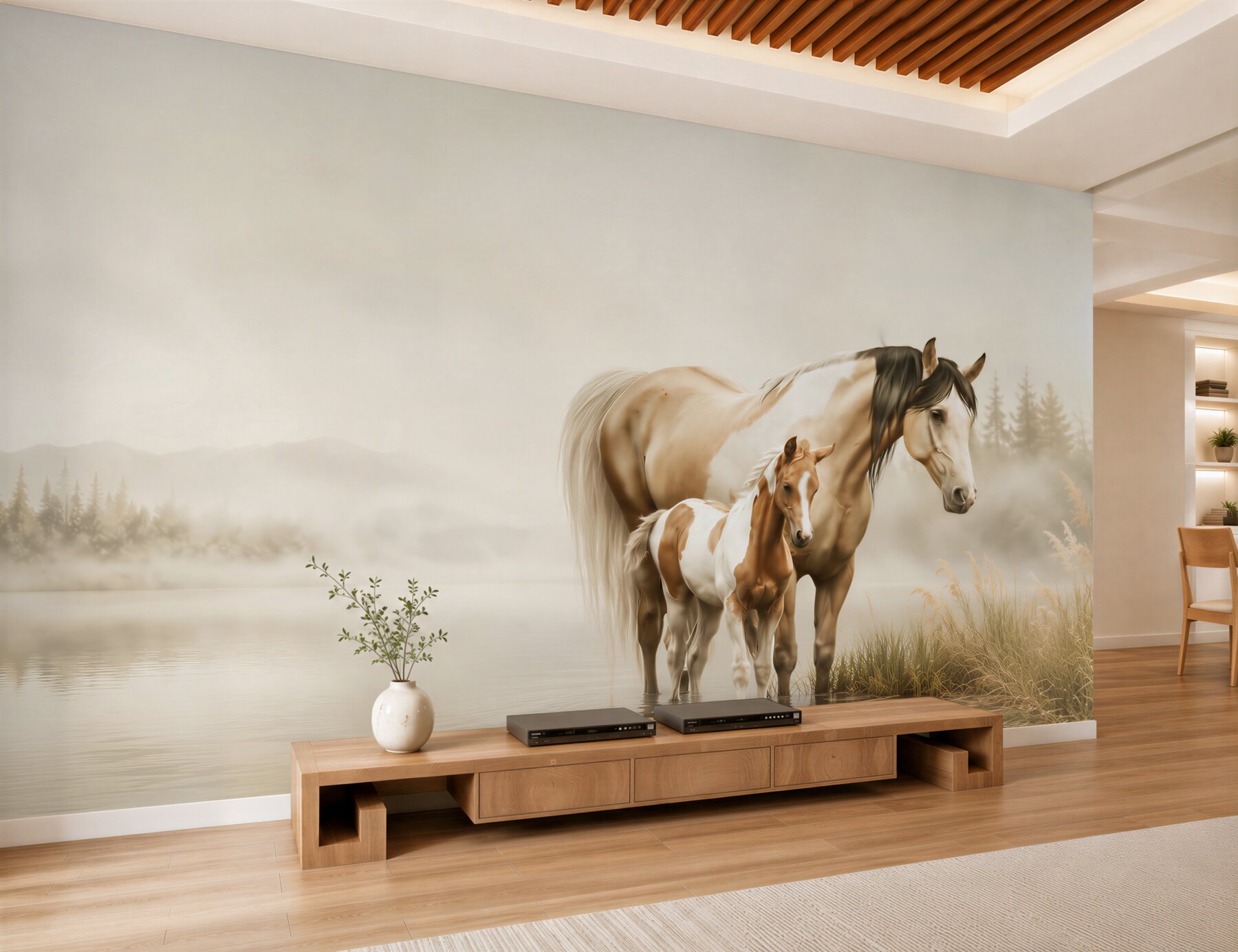 Fotobehang merrie met veulen aan het meer in beige mist