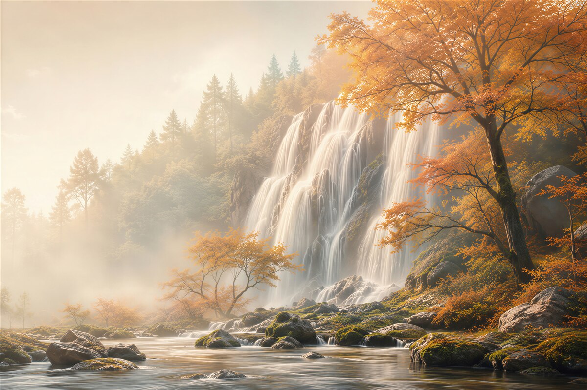 Fotobehang waterval in een herfstbos in de mist rustig landschap