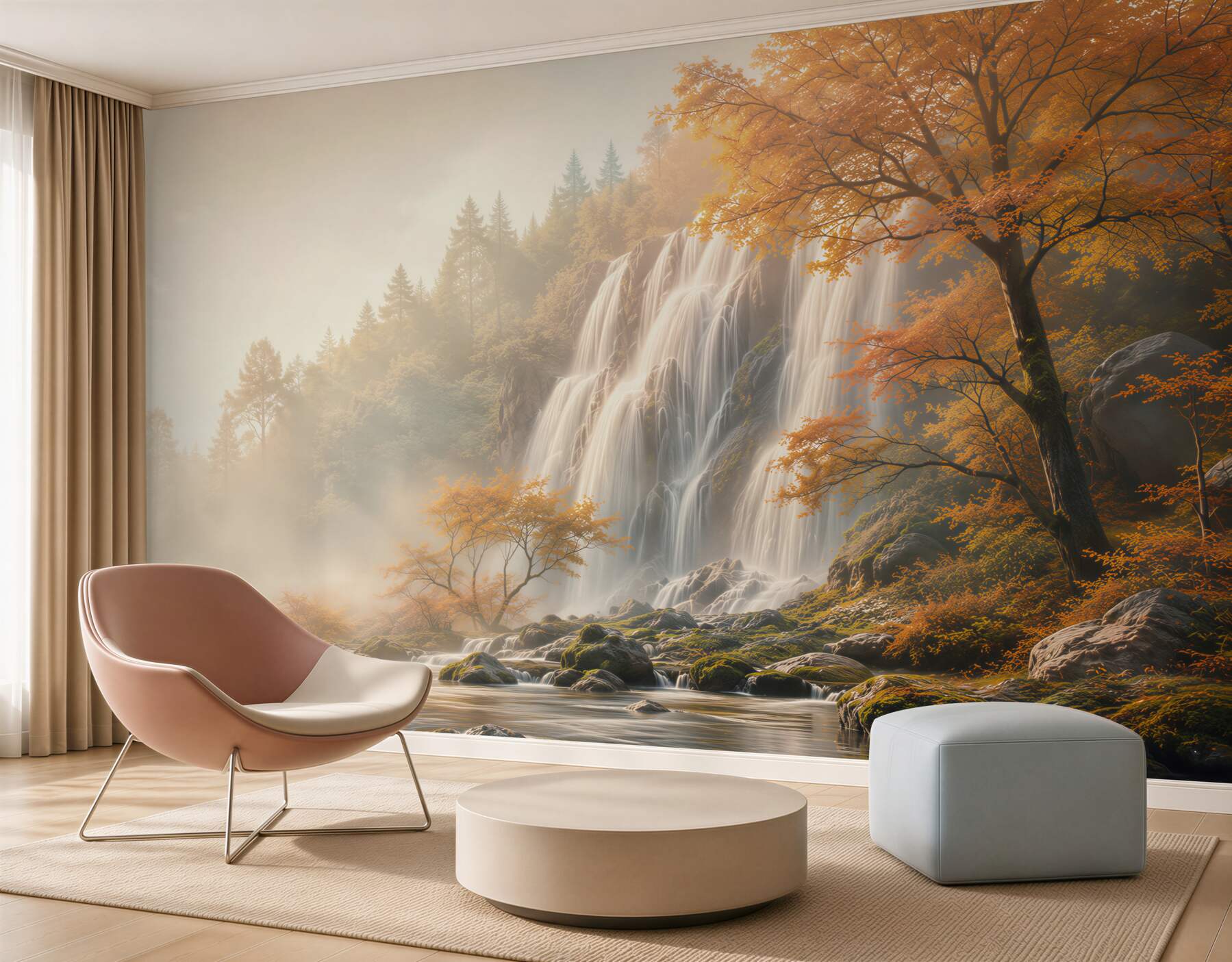 Fotobehang waterval in een herfstbos in de mist rustig landschap