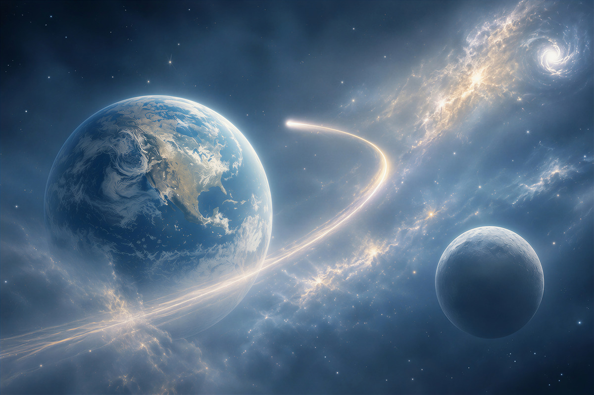 Fotobehang kosmos met planeten en galaxie in blauwe tinten