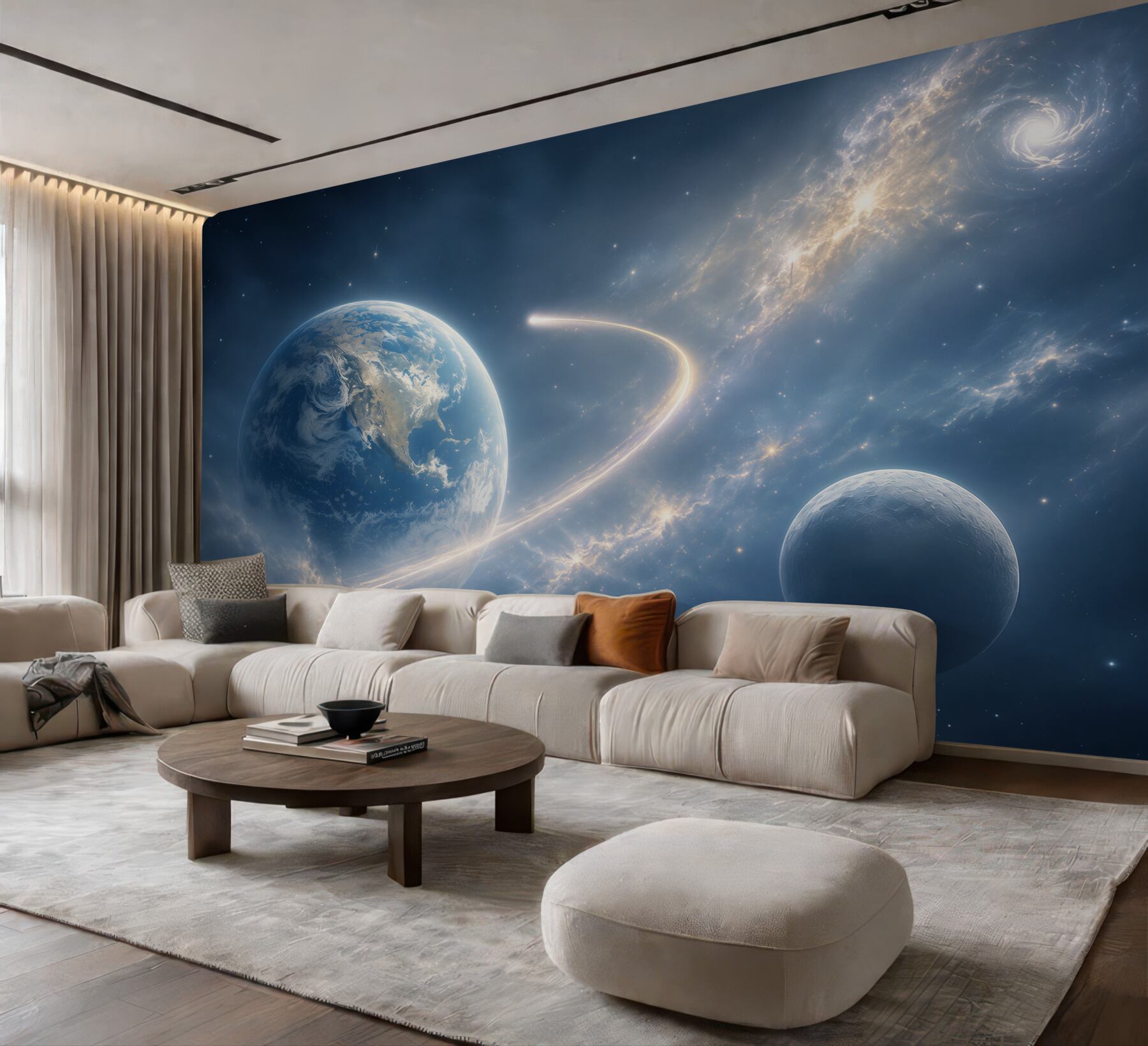Fotobehang kosmos met planeten en galaxie in blauwe tinten