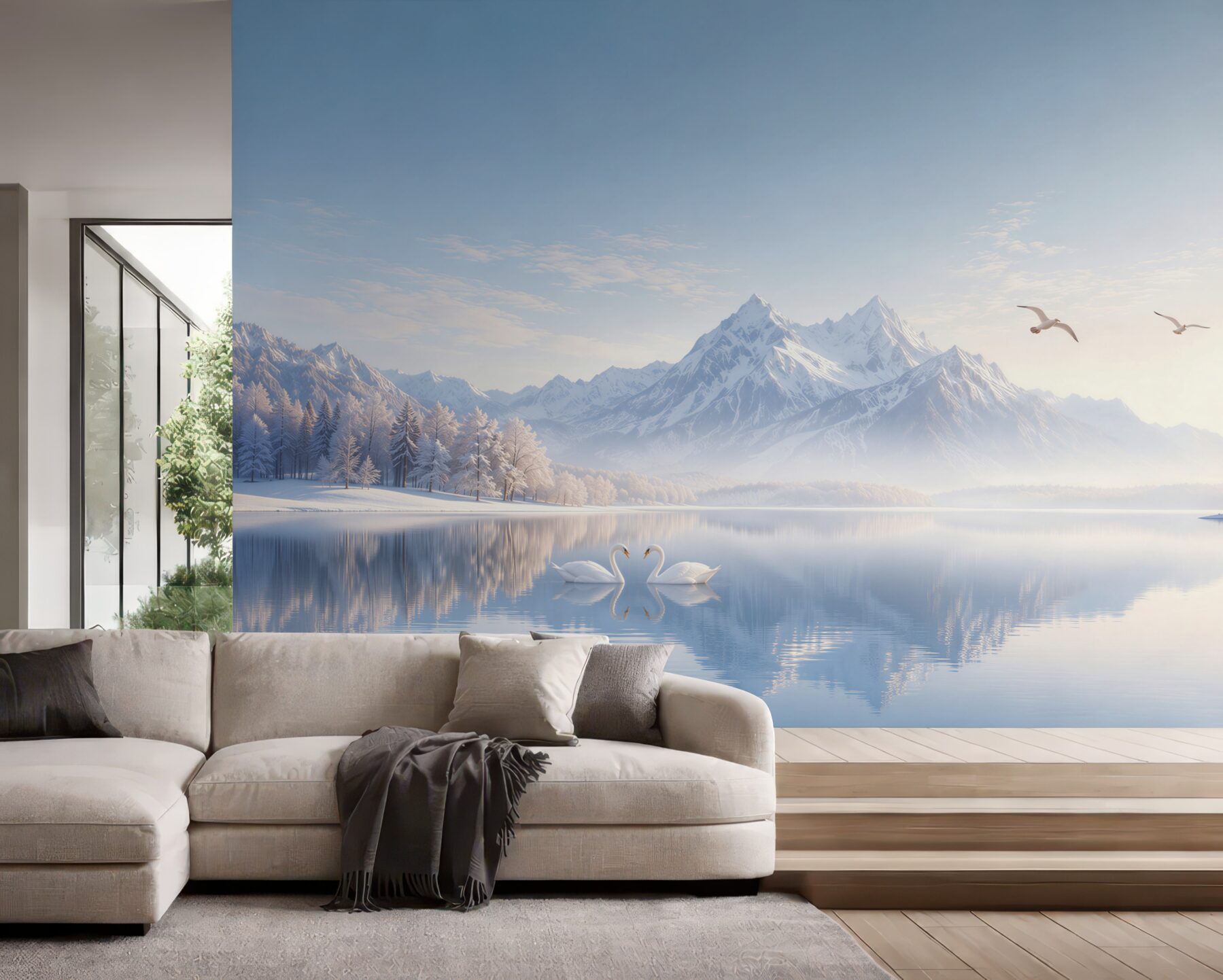 Fotobehang winterbergen boven een meer met zwanen in lichte blauwtinten