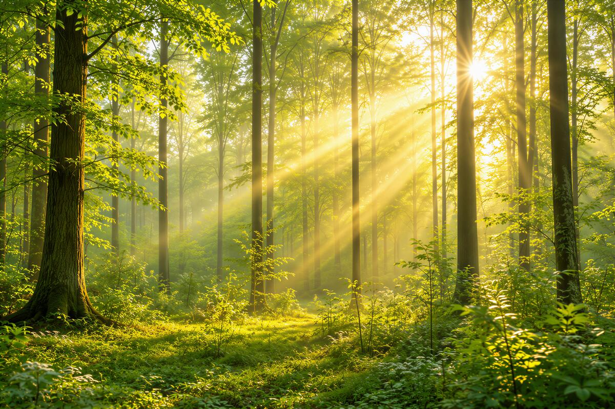 Fotobehang zonnig groen bos met zonnestralen voor de woonkamer