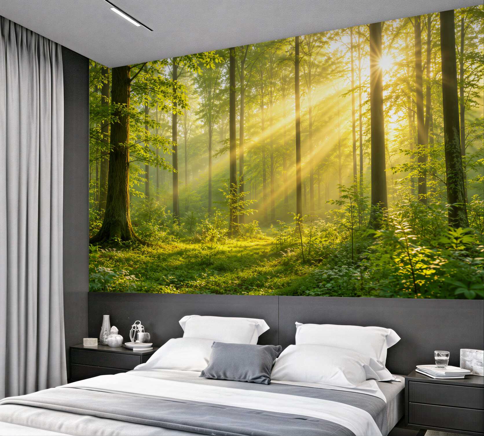 Fotobehang zonnig groen bos met zonnestralen voor de woonkamer