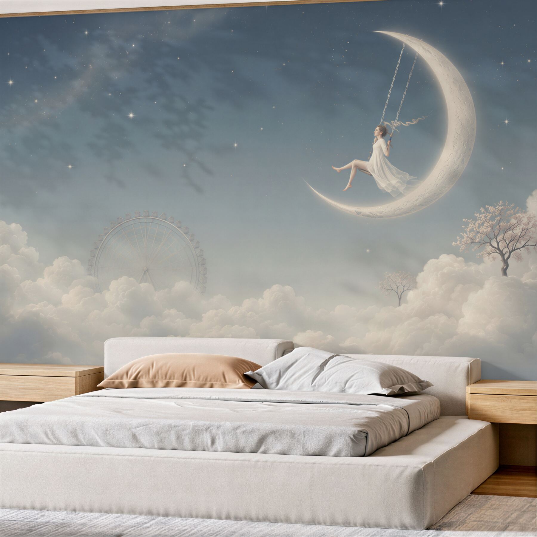 Fotobehang meisje op de maan in de wolken pastel nachtlandschap