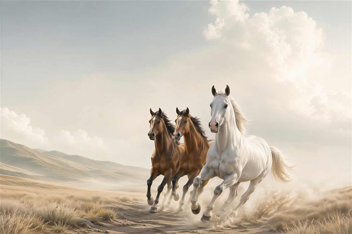 Fotobehang galopperende paarden op de woestijnweg in lichte beigetinten