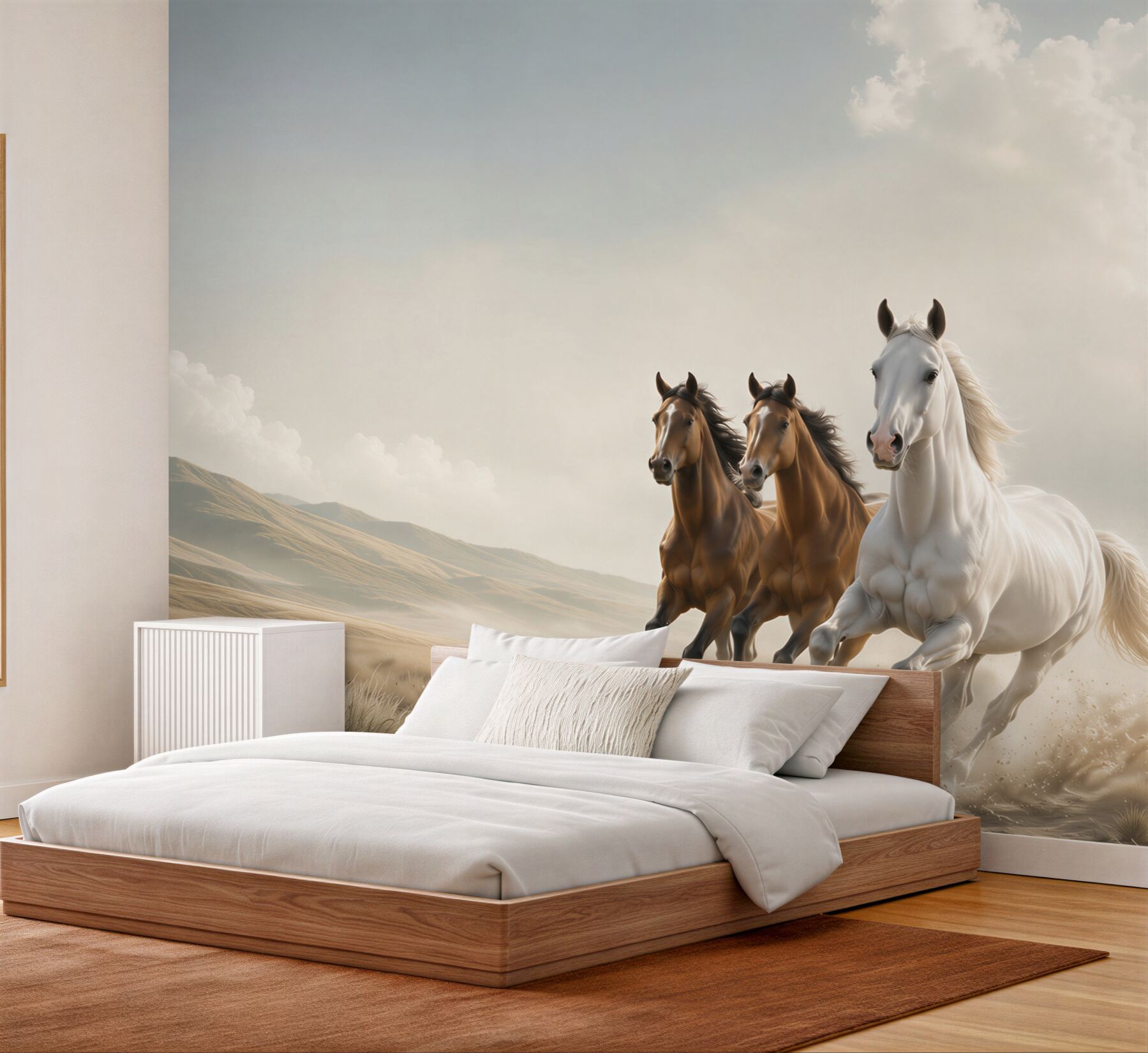 Fotobehang galopperende paarden op de woestijnweg in lichte beigetinten