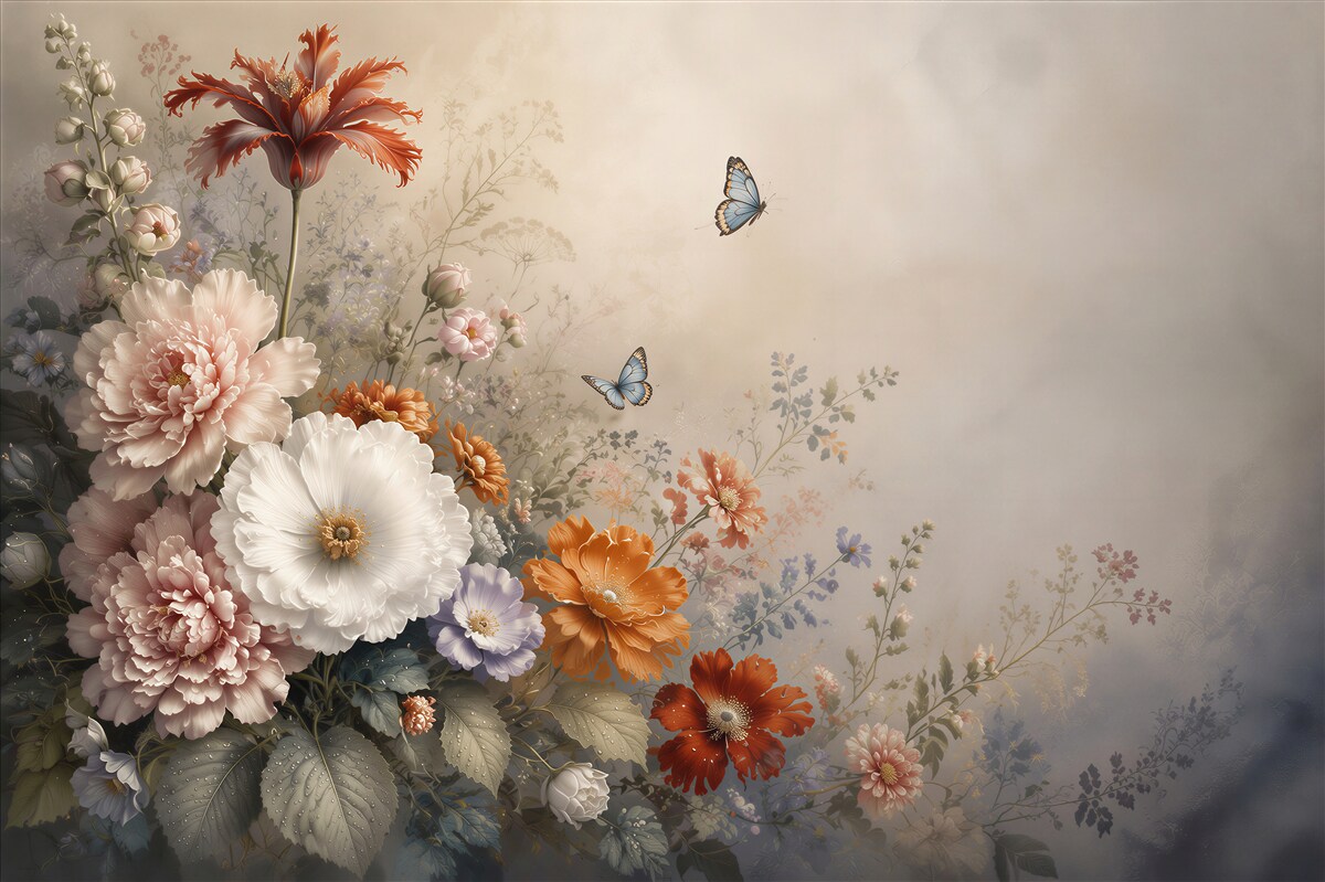 Fotobehang pastel bloemen met vlinders romantisch voor de slaapkamer