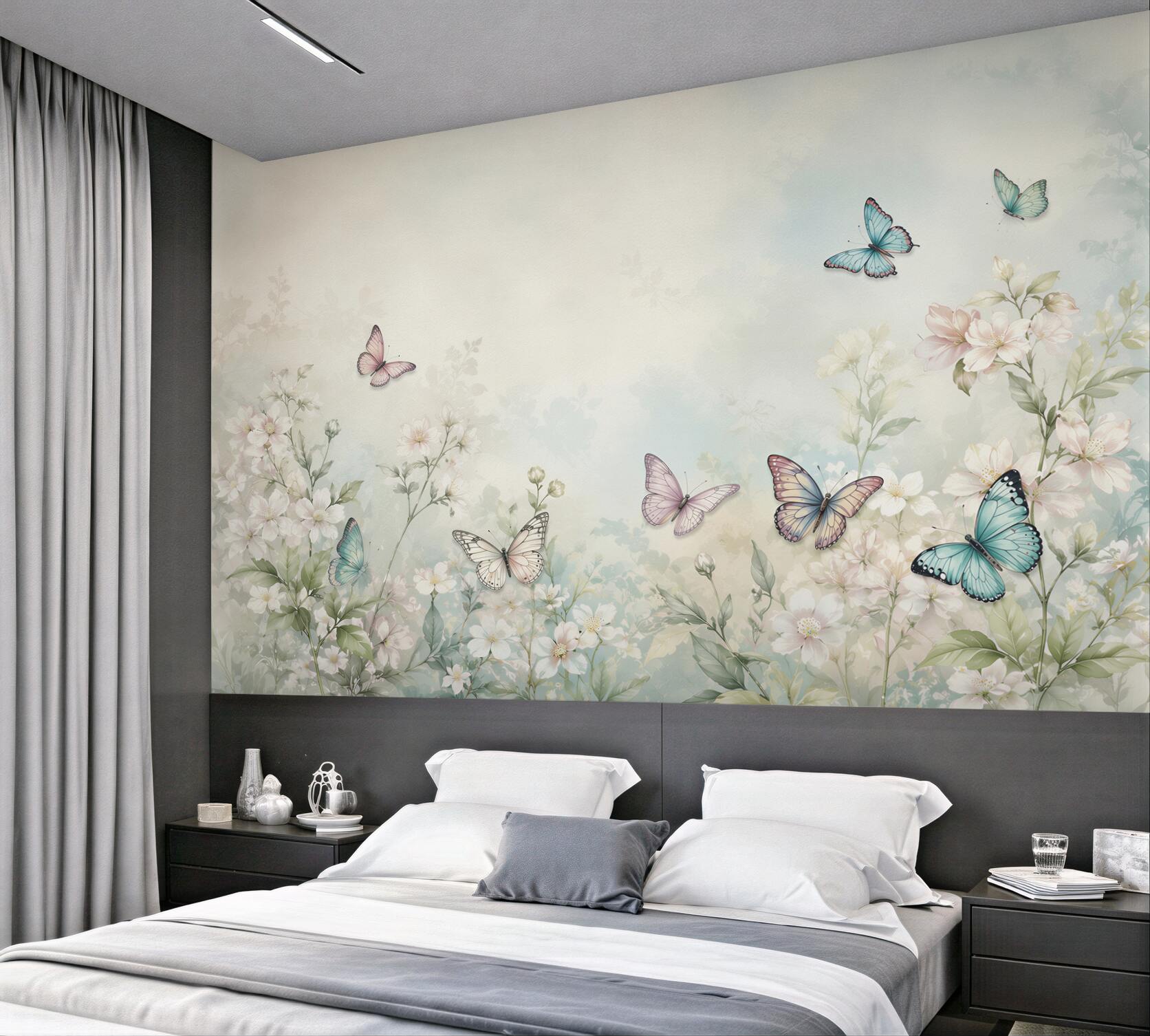 Fotobehang witte bloemen met vlinders op pastelweide voor de slaapkamer