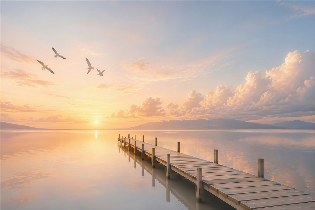 Fotobehang steiger op het meer bij zonsopgang rustige landschap