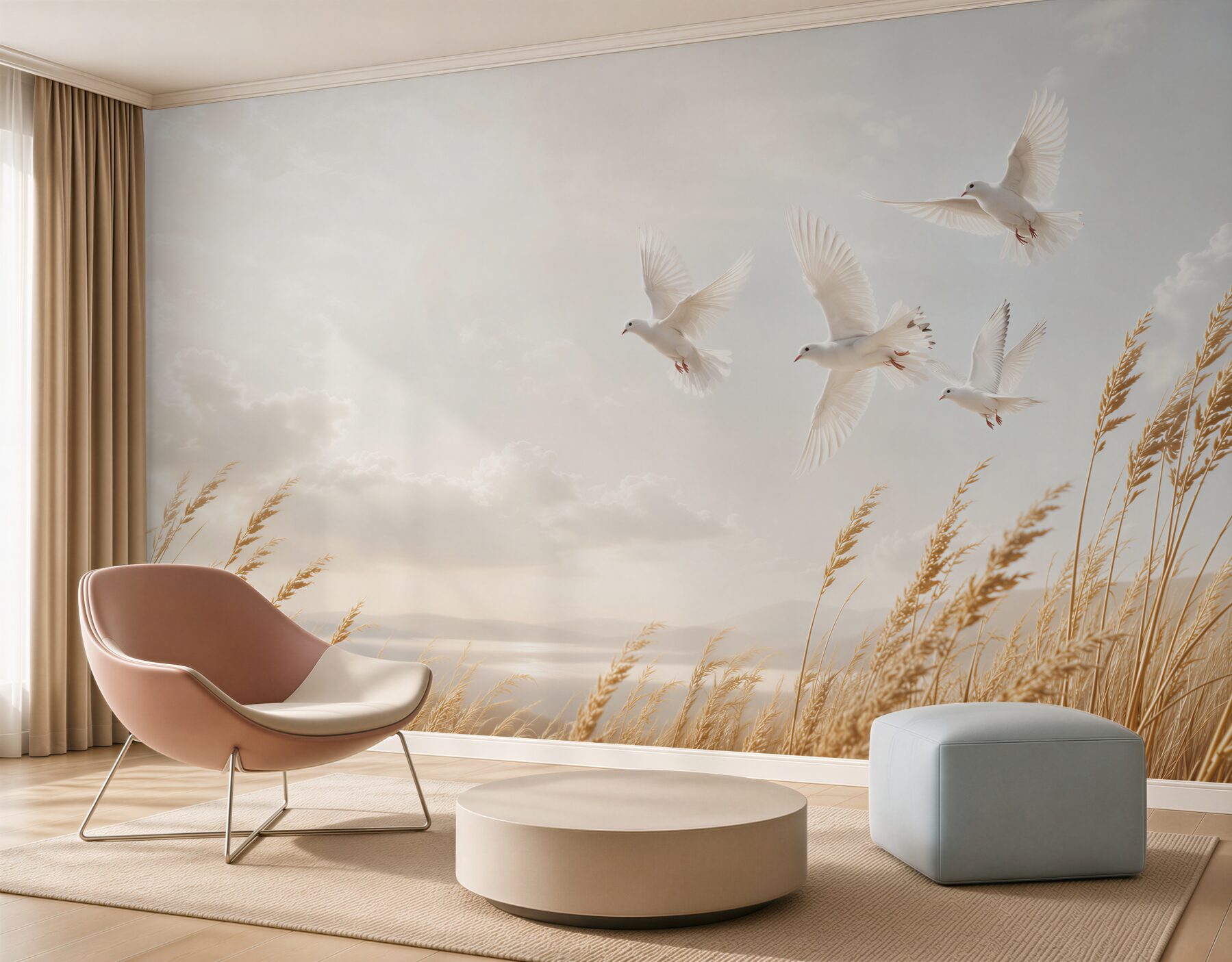Fotobehang witte duiven in de zonnestralen boven gouden grassen