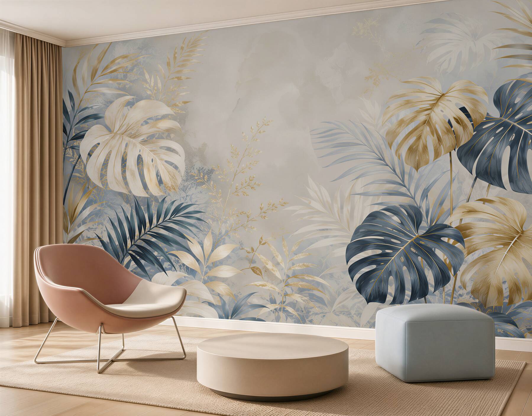 Fotobehang elegante monstera bladeren marineblauw en goud voor de woonkamer