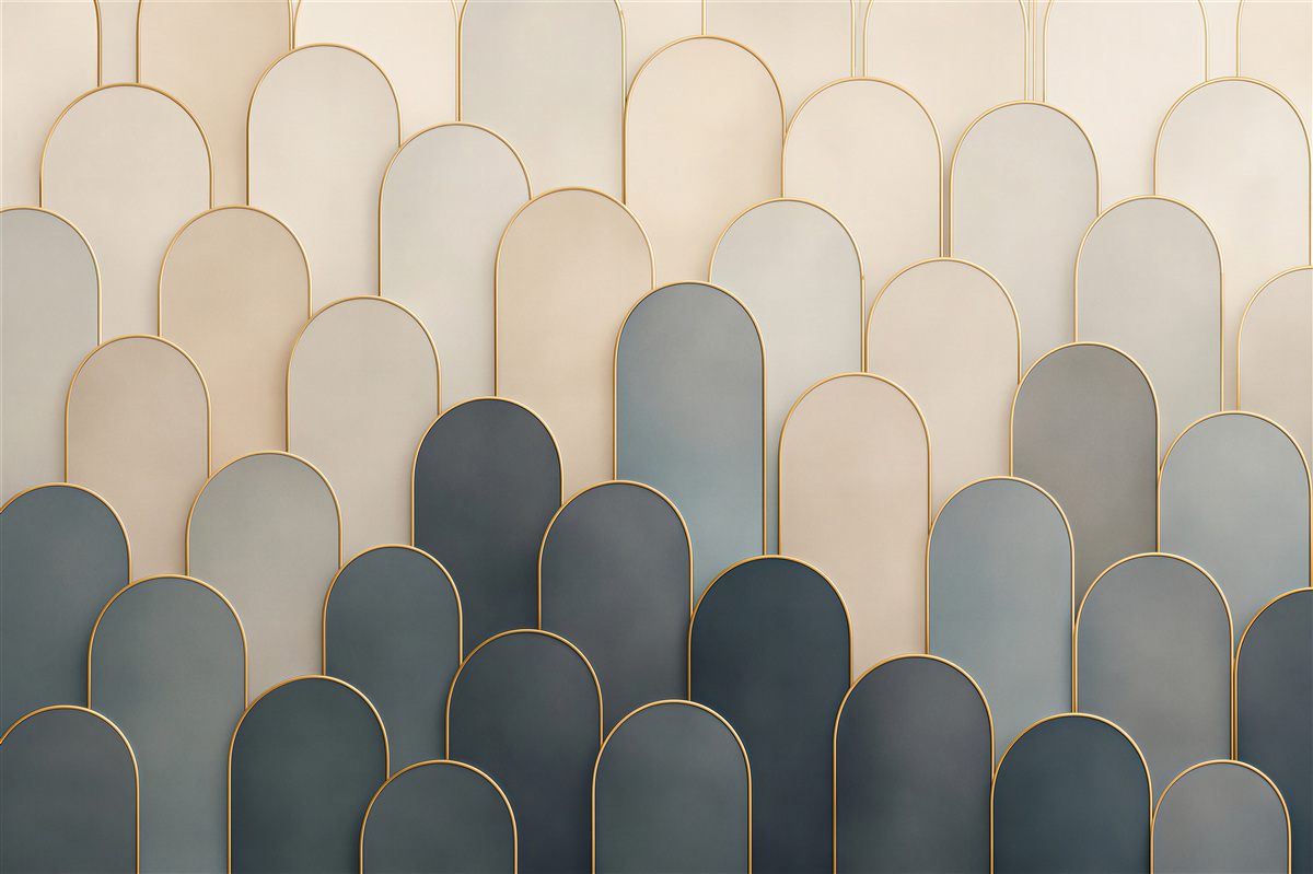 Fotobehang geometrische bogen beige en marineblauw met gouden lijnen art déco