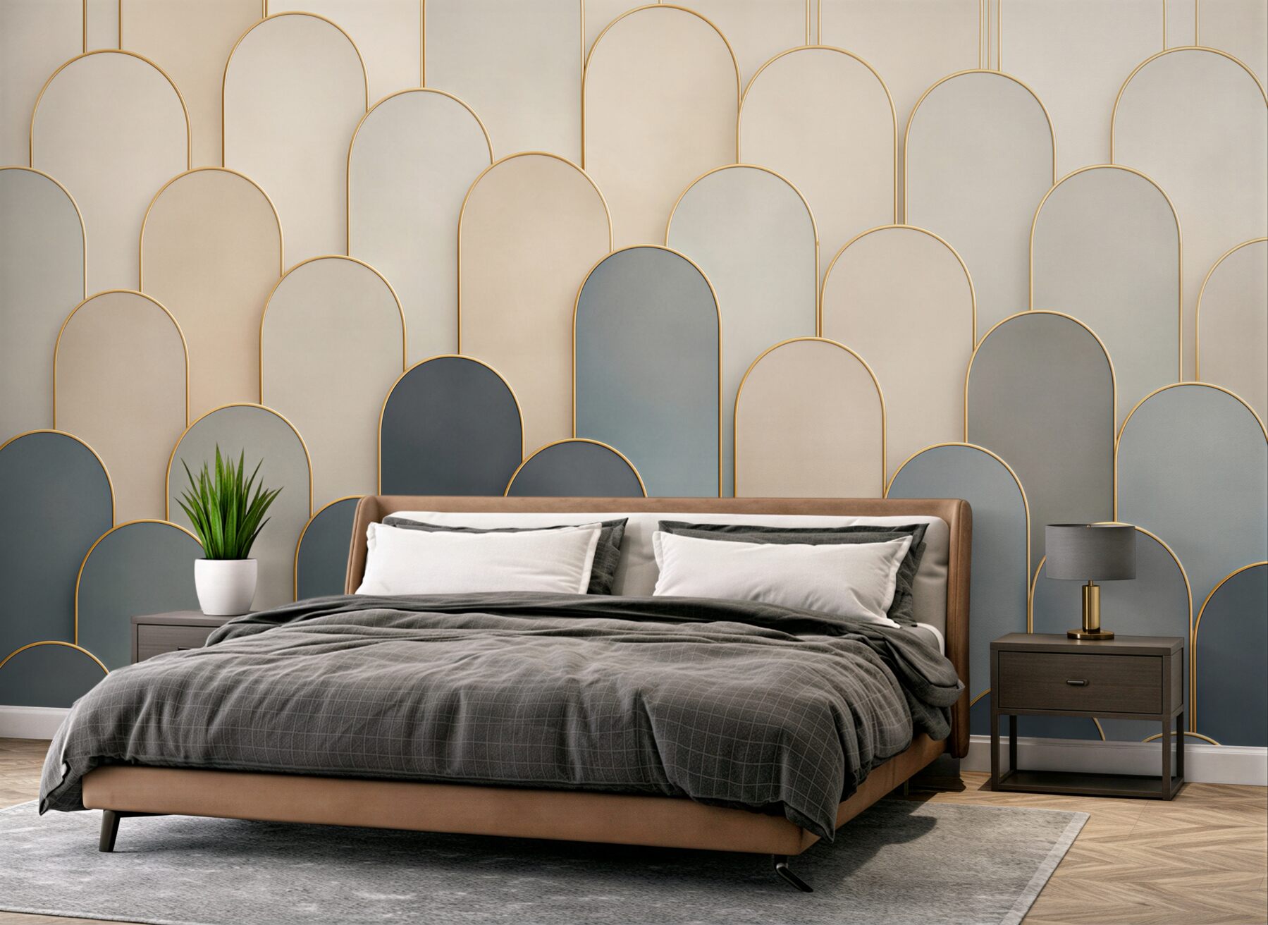 Fotobehang geometrische bogen beige en marineblauw met gouden lijnen art déco