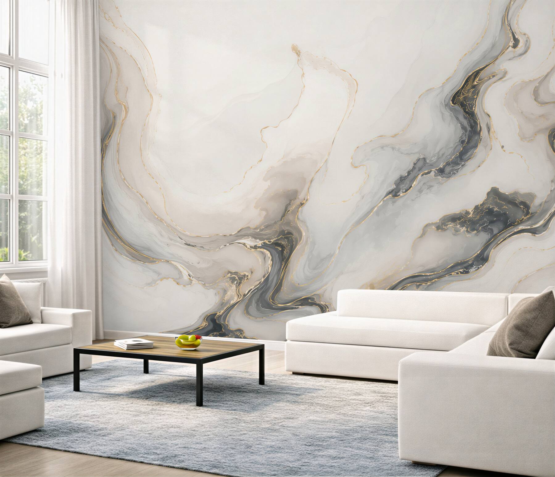 Fotobehang elegante abstracte marmer wit grijs met gouden aderen