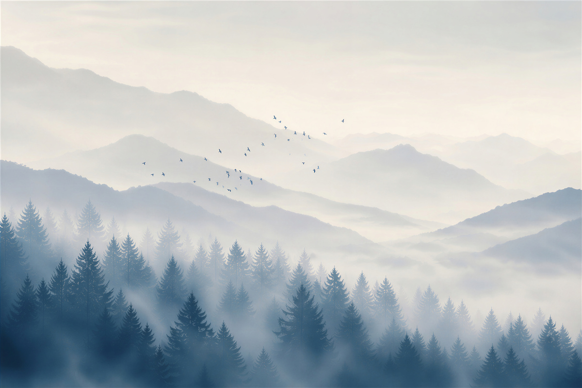 Fotobehang bergen in de mist met bos en vogels rustig
