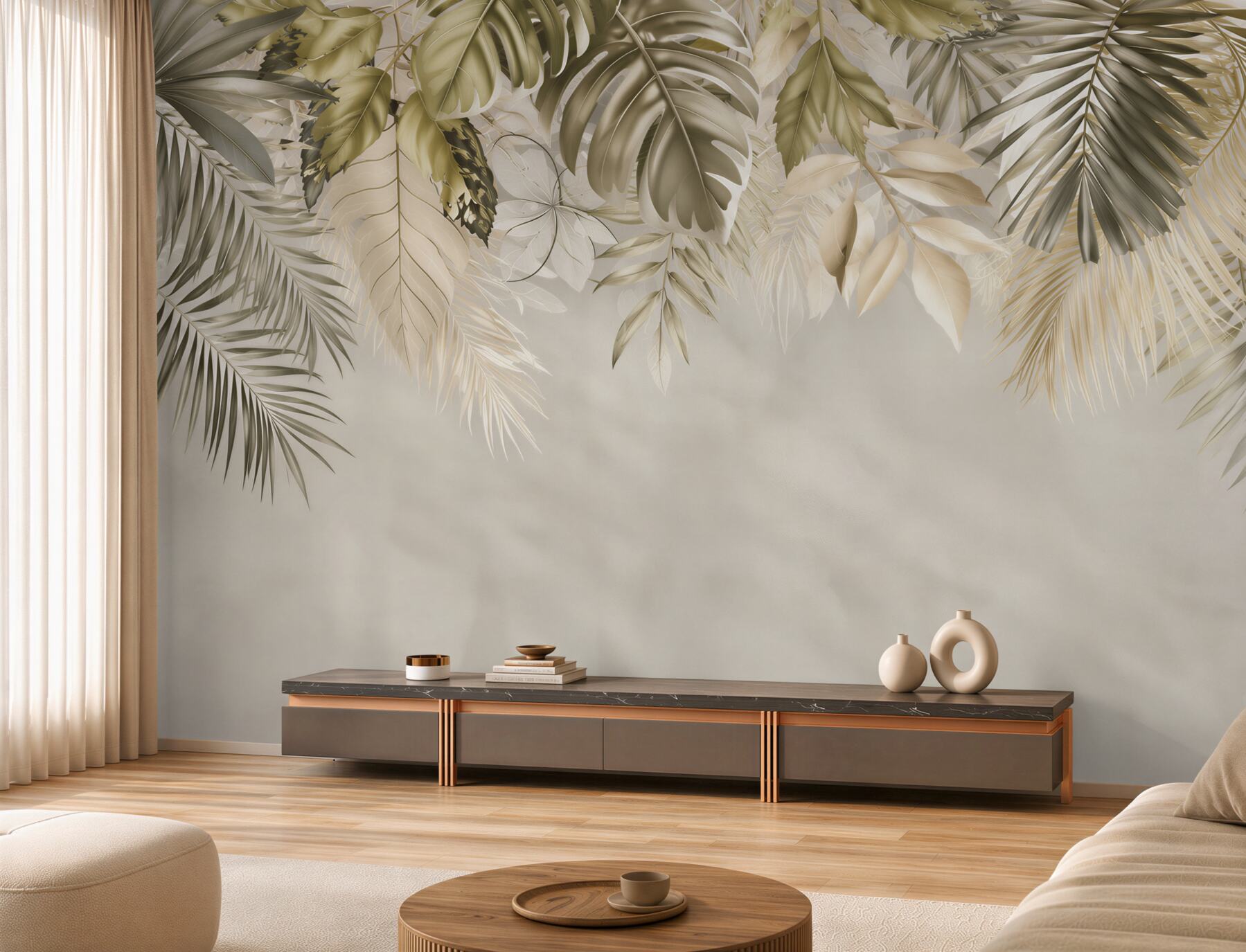 Fotobehang elegante tropische bladeren beige voor de woonkamer