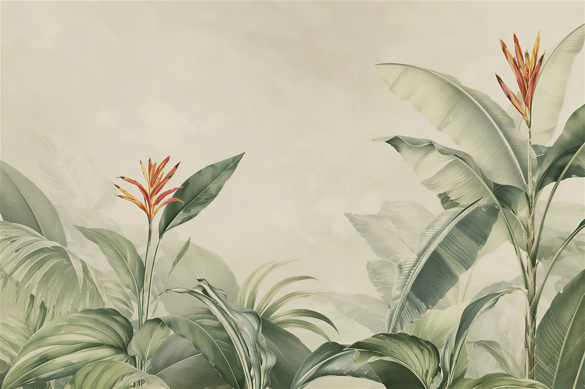 Fotobehang tropische bladeren en strelitzia groen voor een elegant salon