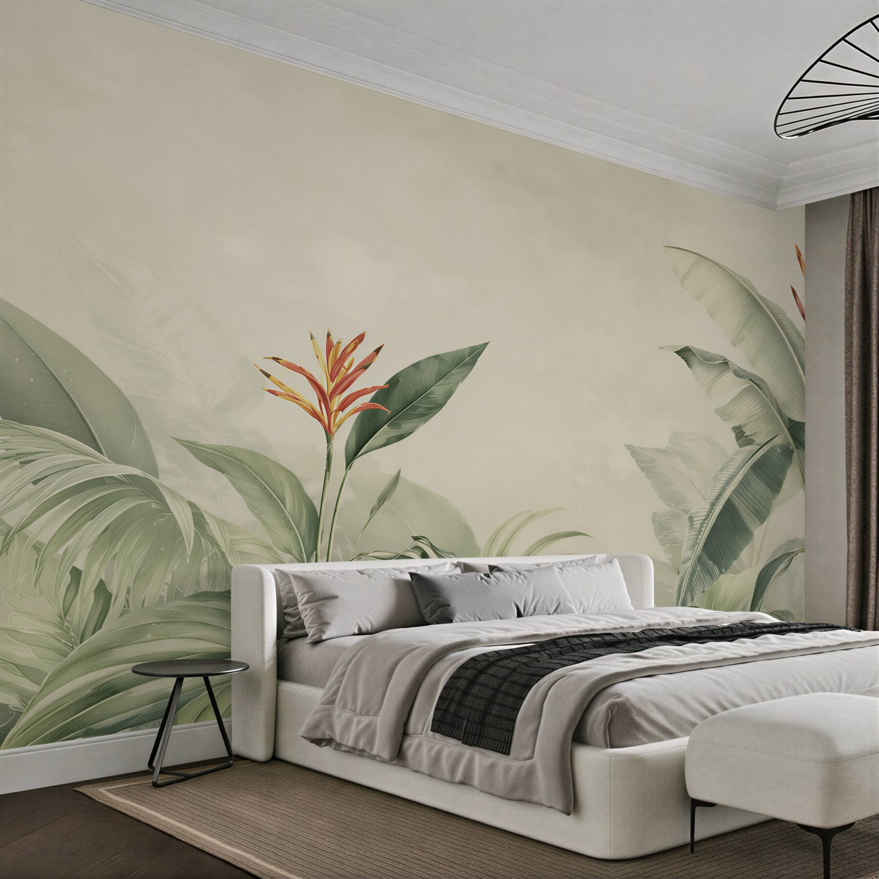 Fotobehang tropische bladeren en strelitzia groen voor een elegant salon
