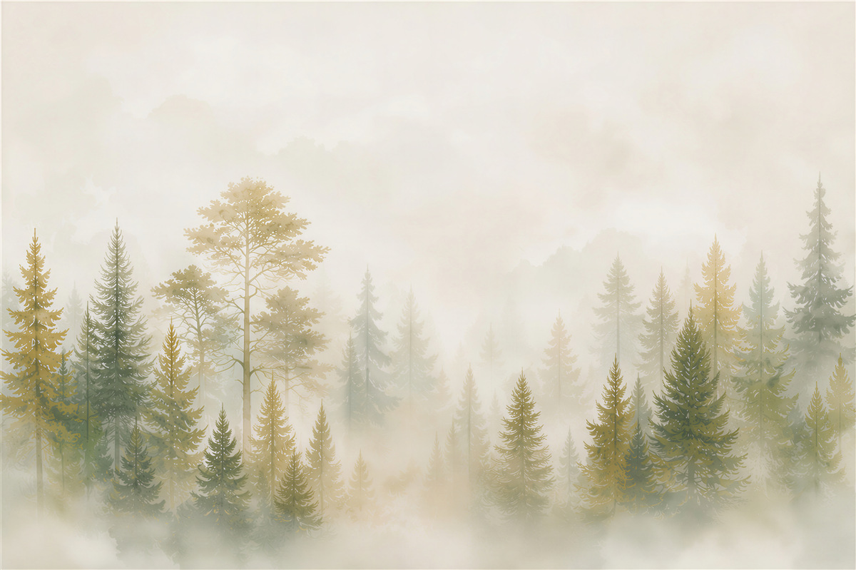 Fotobehang dennenbos in de mist in gedempte beigetinten en groen