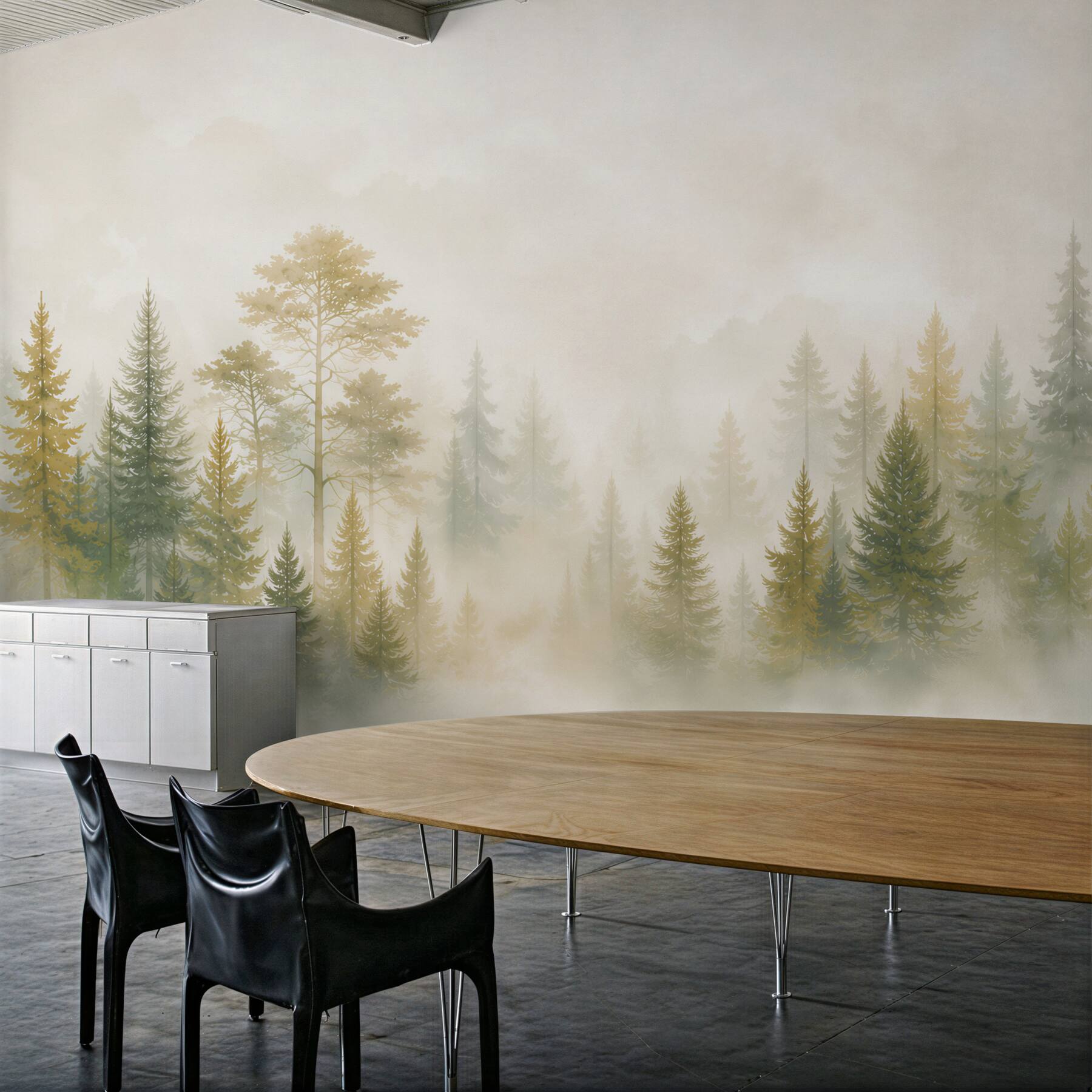 Fotobehang dennenbos in de mist in gedempte beigetinten en groen