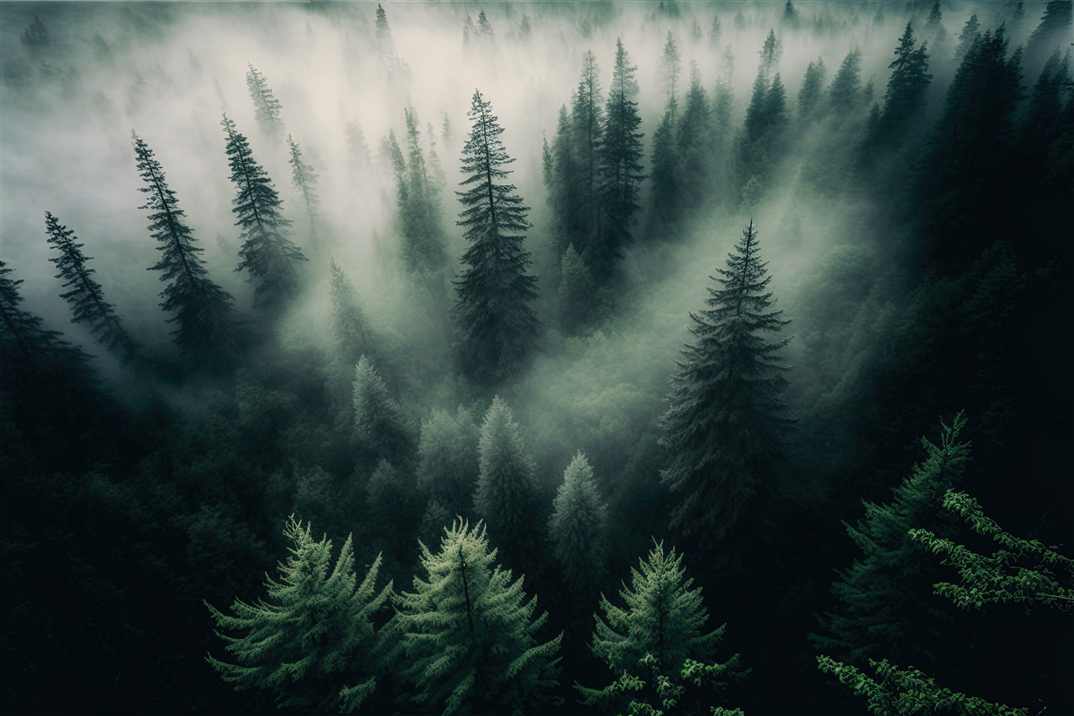 Fotobehang mist in het nachtelijke naaldbos