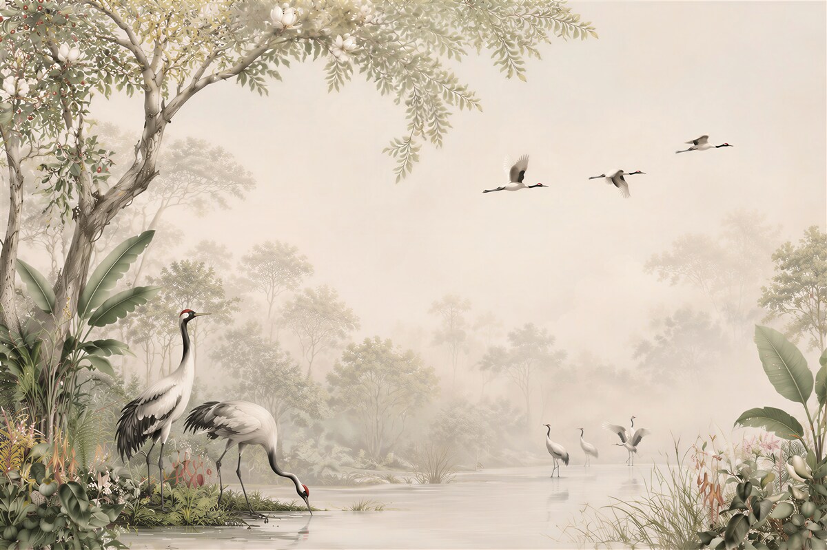 Fotobehang kraanvogelzwerm bij een drinkplaats in het bos