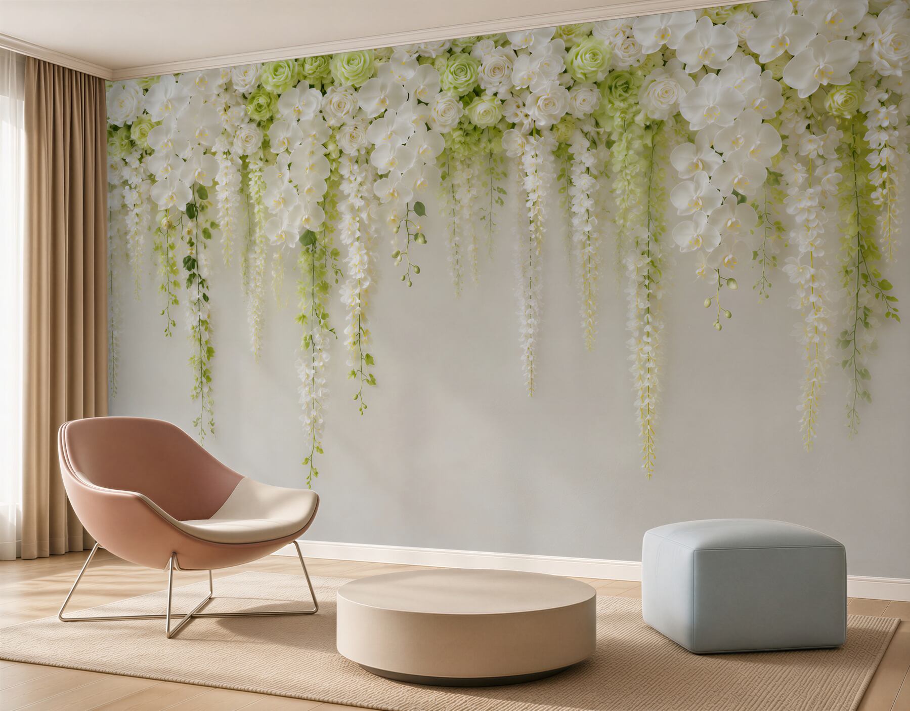 Fotobehang muur bezaaid met witte orchideeën