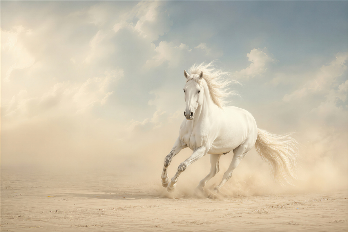 Fotobehang wit paard galopperend over het veld