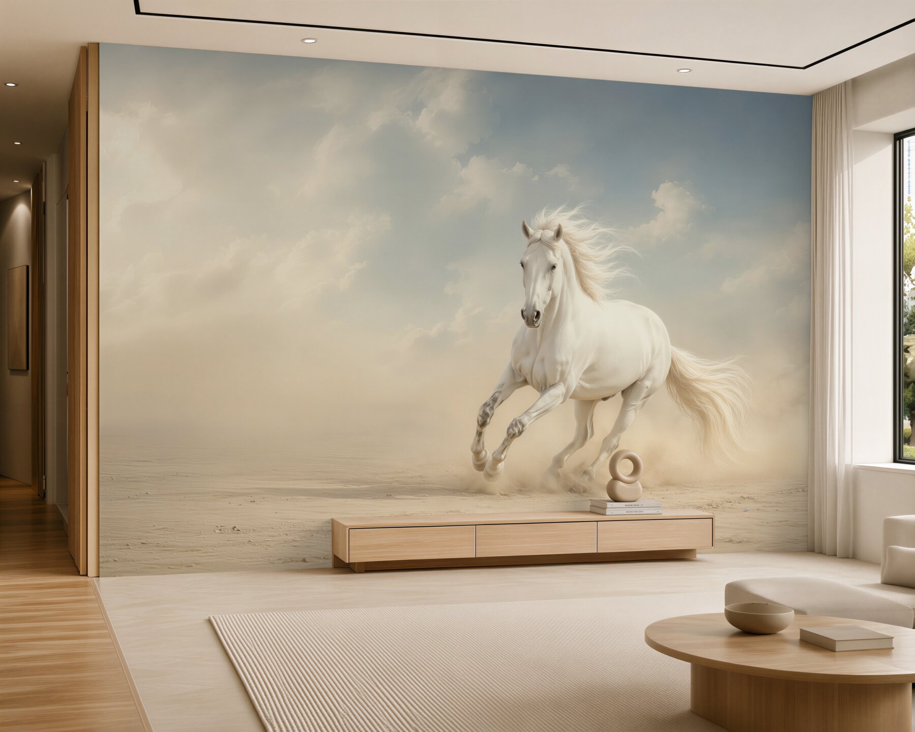 Fotobehang wit paard galopperend over het veld