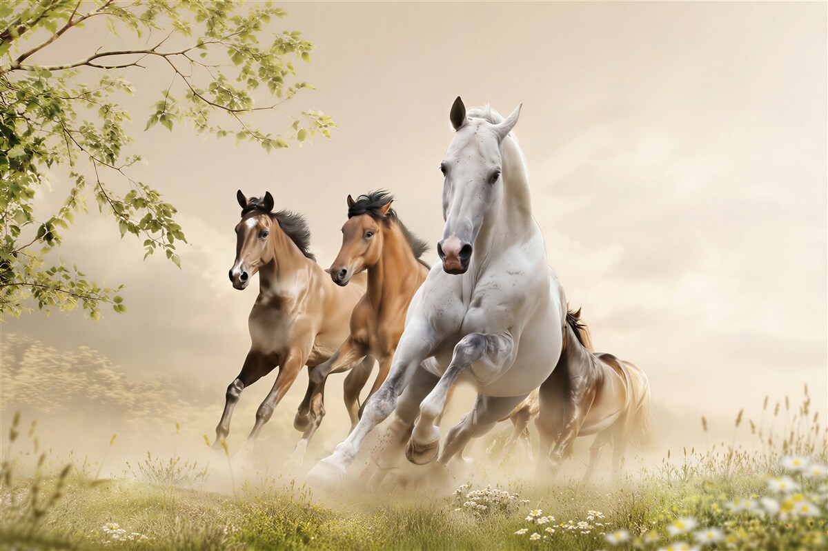 Fotobehang galop van verschillende paarden die bakstenen breken