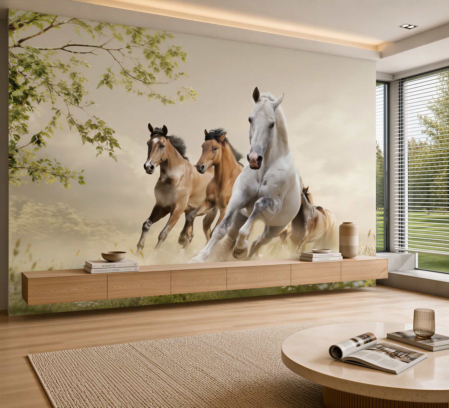 Fotobehang galop van verschillende paarden die bakstenen breken