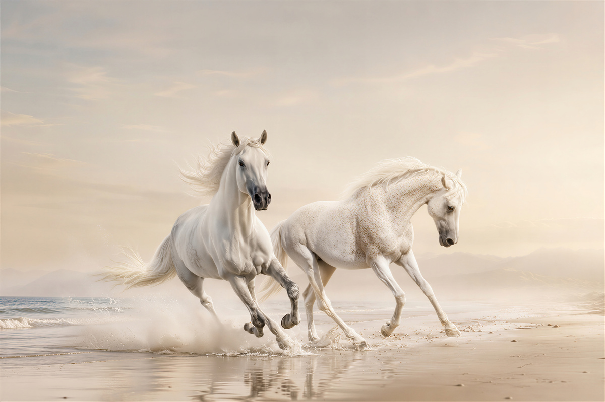 Fotobehang twee witte paarden rijdend over het zand