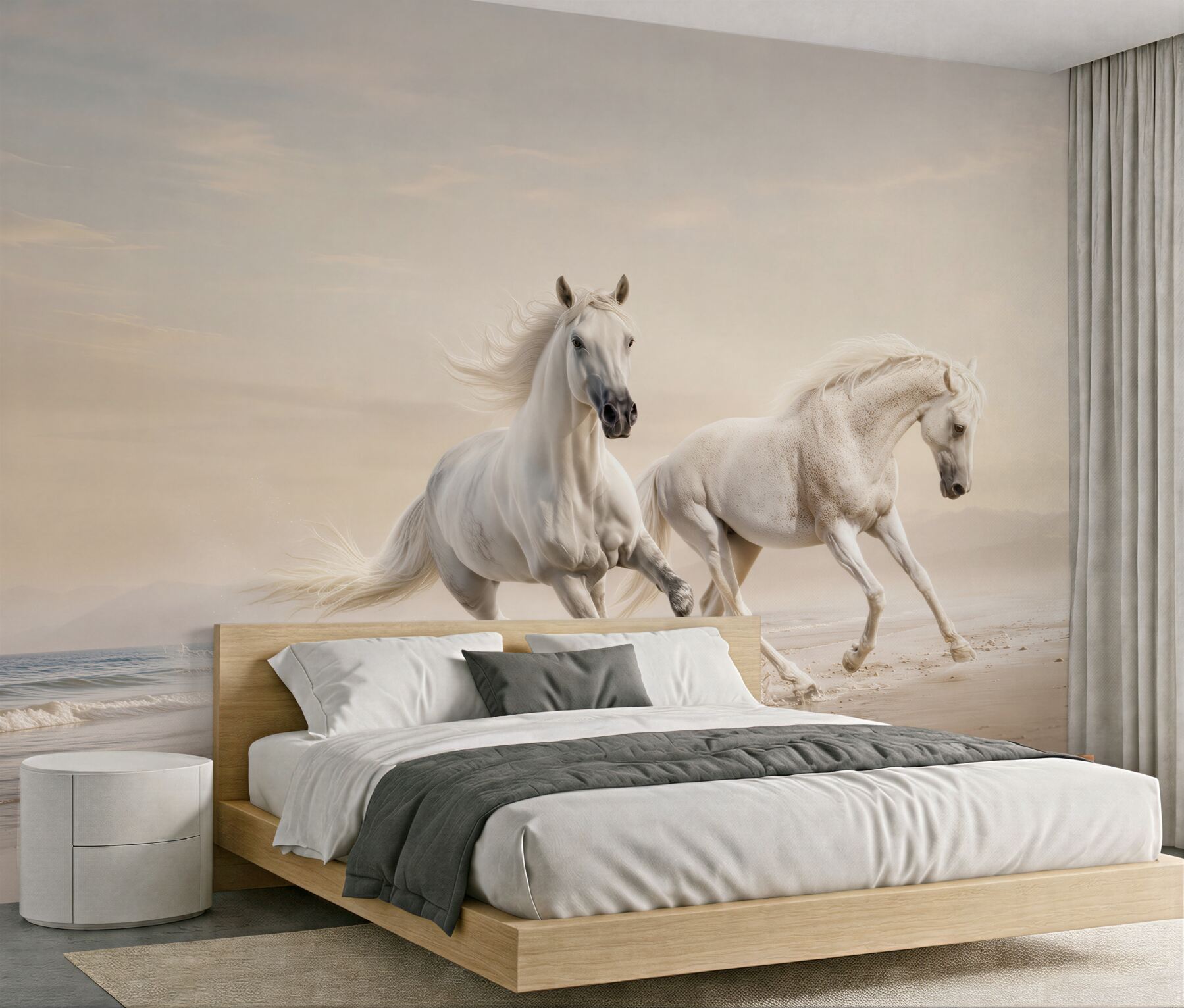 Fotobehang twee witte paarden rijdend over het zand
