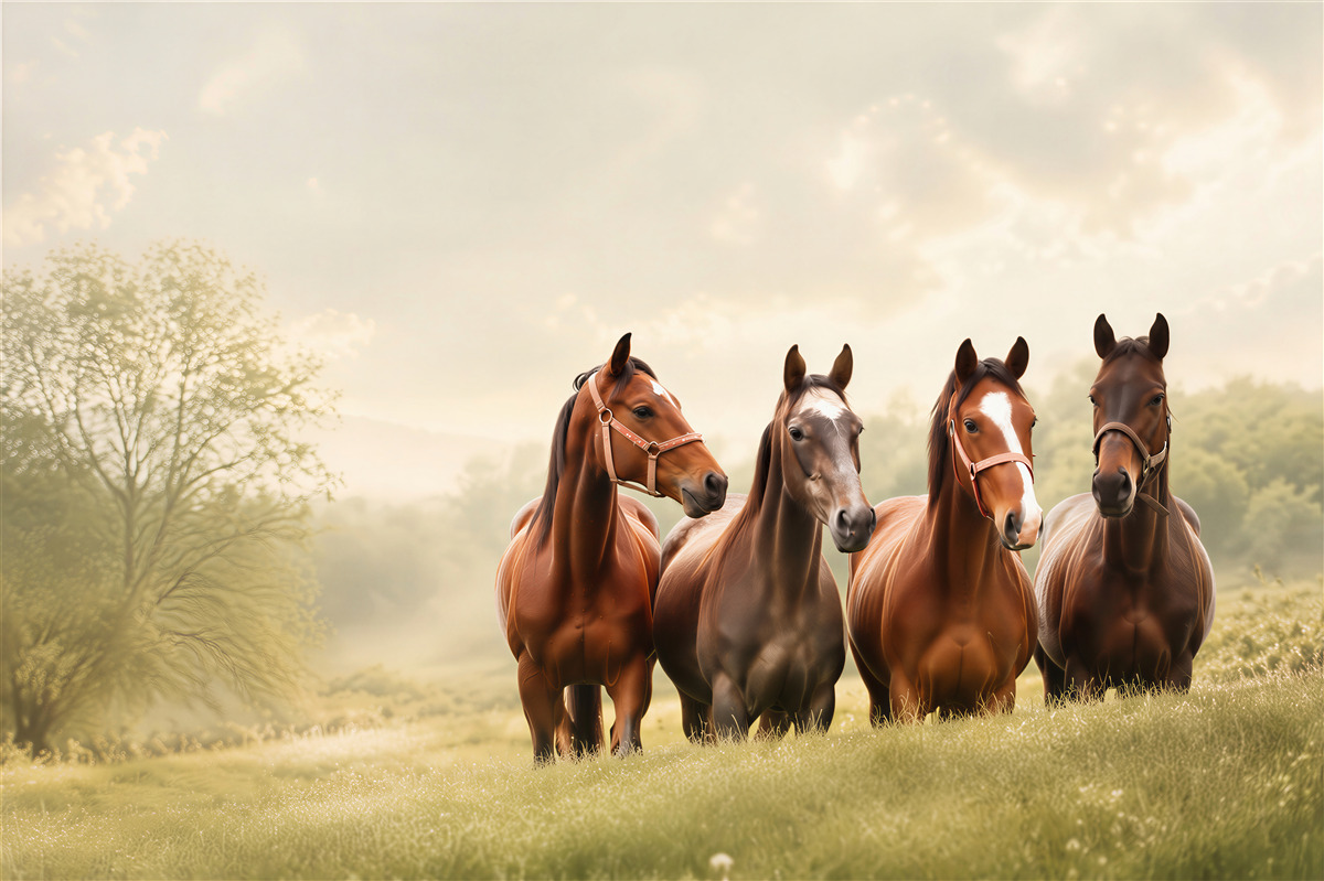 Fotobehang vier bruine paarden in de omheining