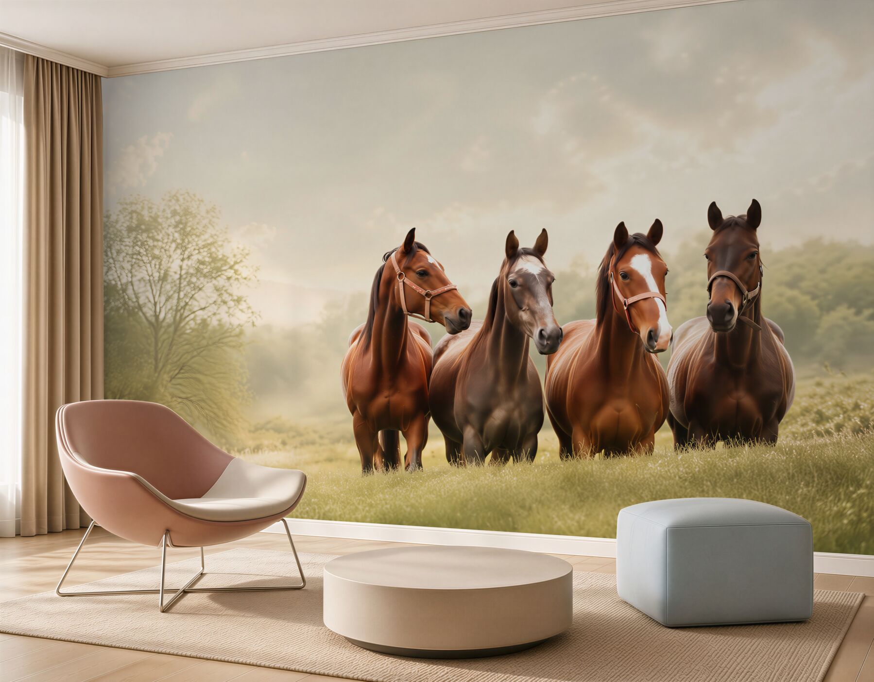 Fotobehang vier bruine paarden in de omheining