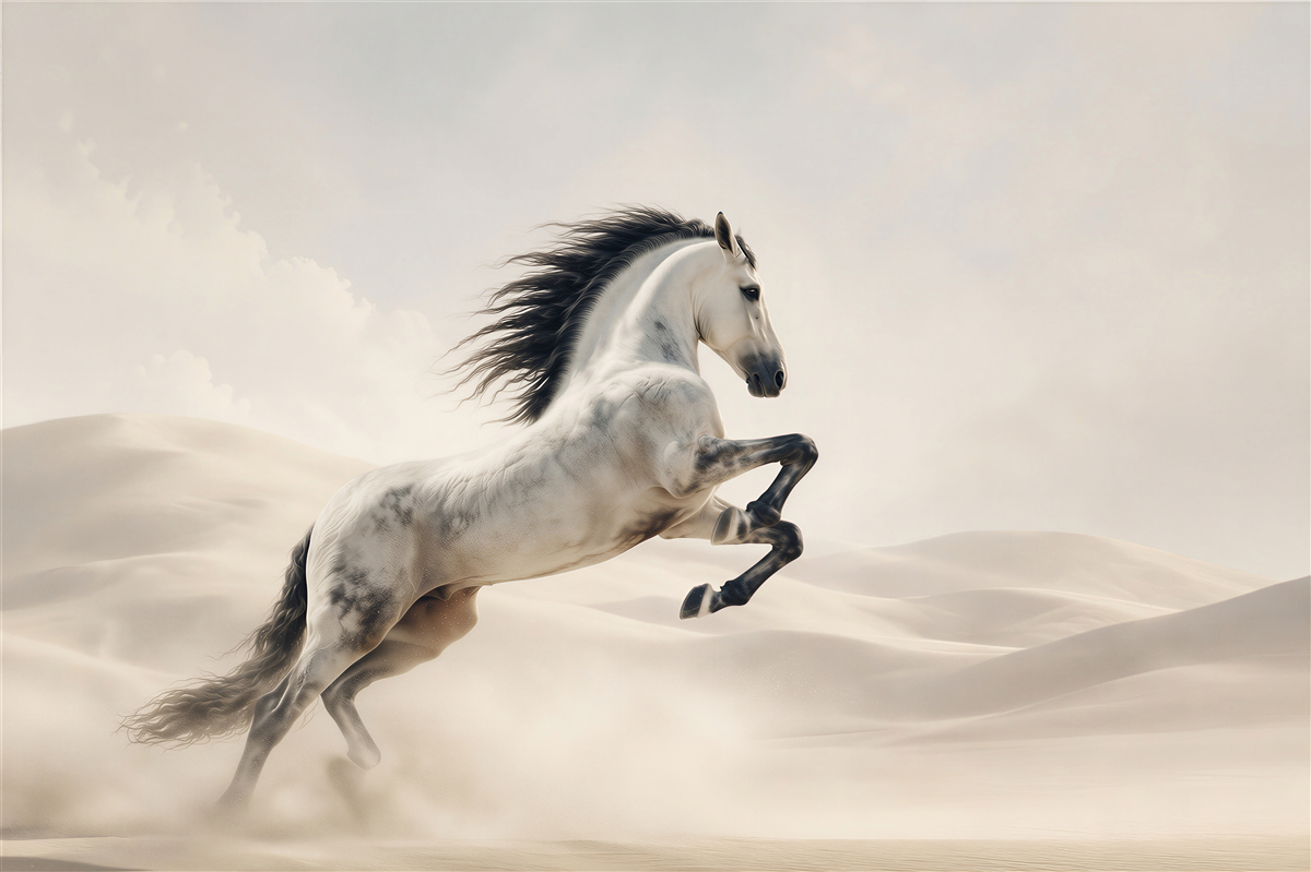 Fotobehang sprong van een krachtig paard in de woestijn