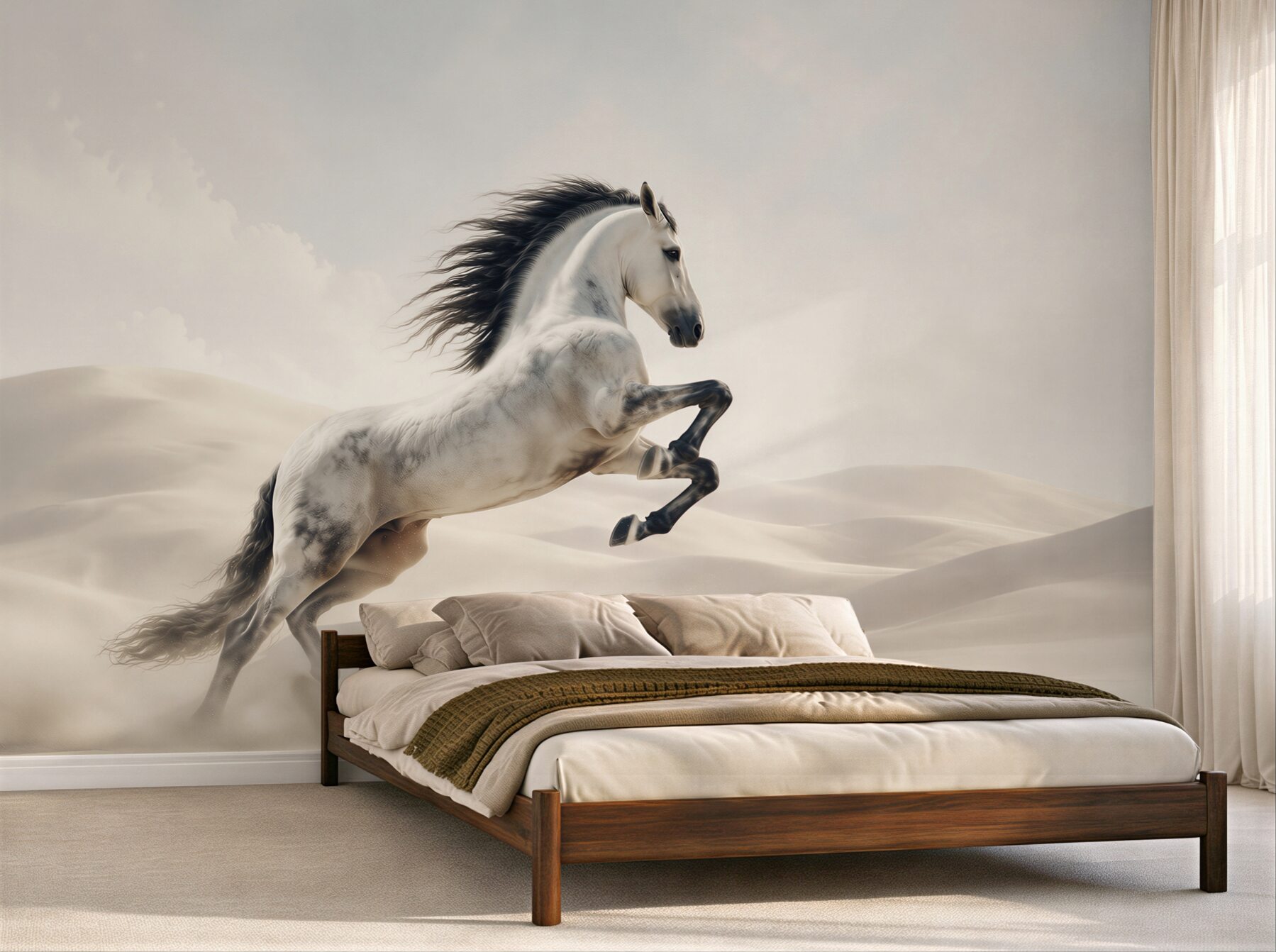 Fotobehang sprong van een krachtig paard in de woestijn