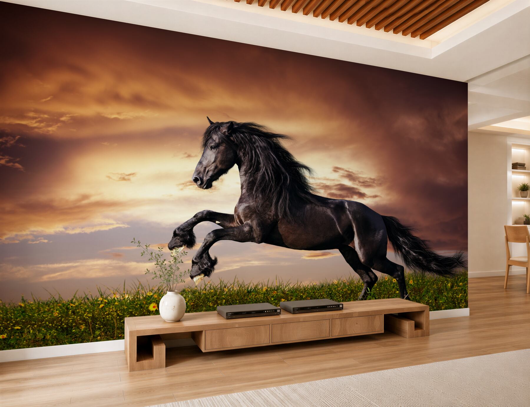 Fotobehang sterke paard springt door het gras