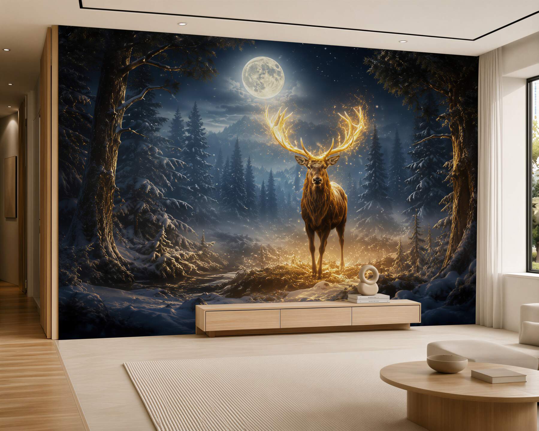 Fotobehang mystieke hert en gouden maan
