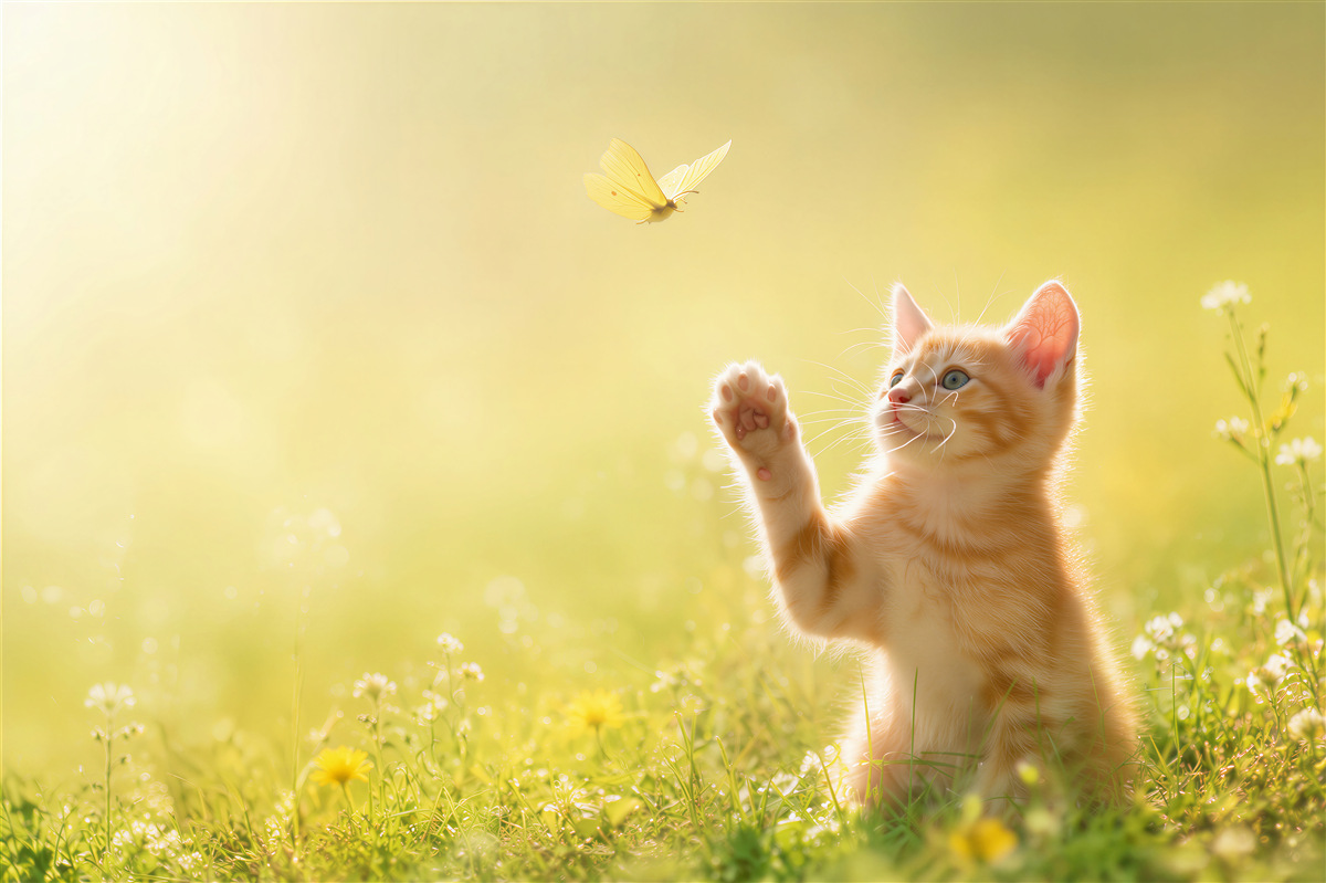 Fotobehang een kitten die speelt met een vlinder in een weiland