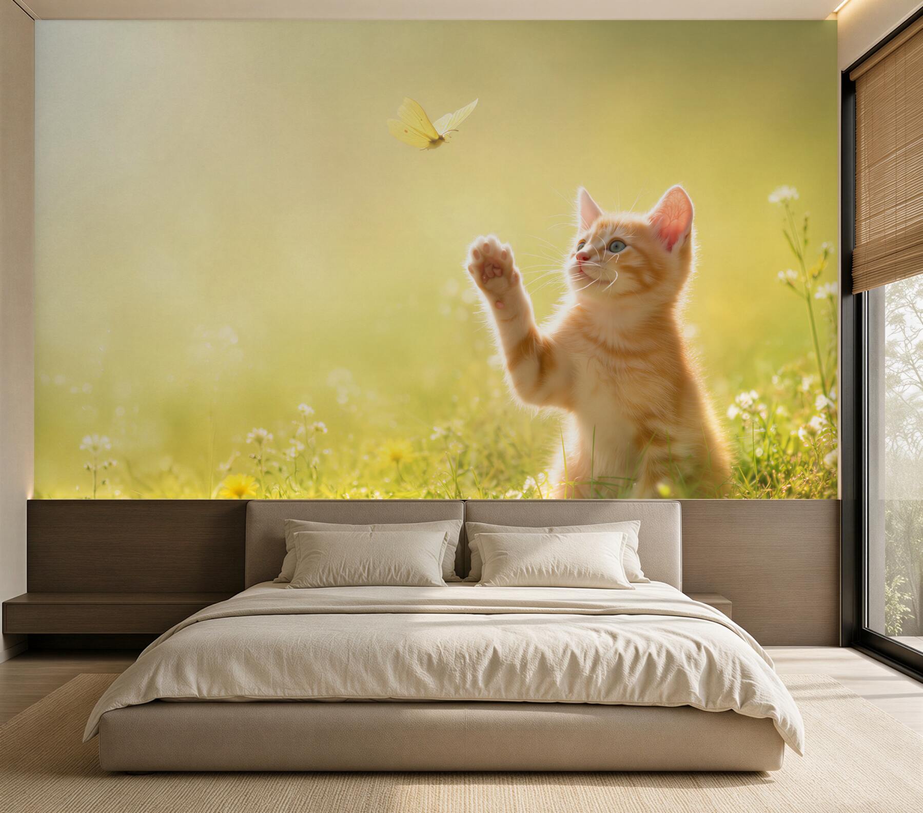 Fotobehang een kitten die speelt met een vlinder in een weiland