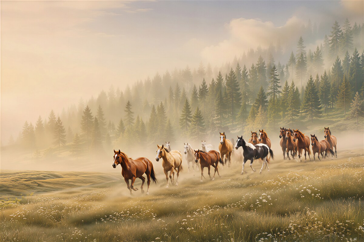 Fotobehang rijdende paarden door het bos