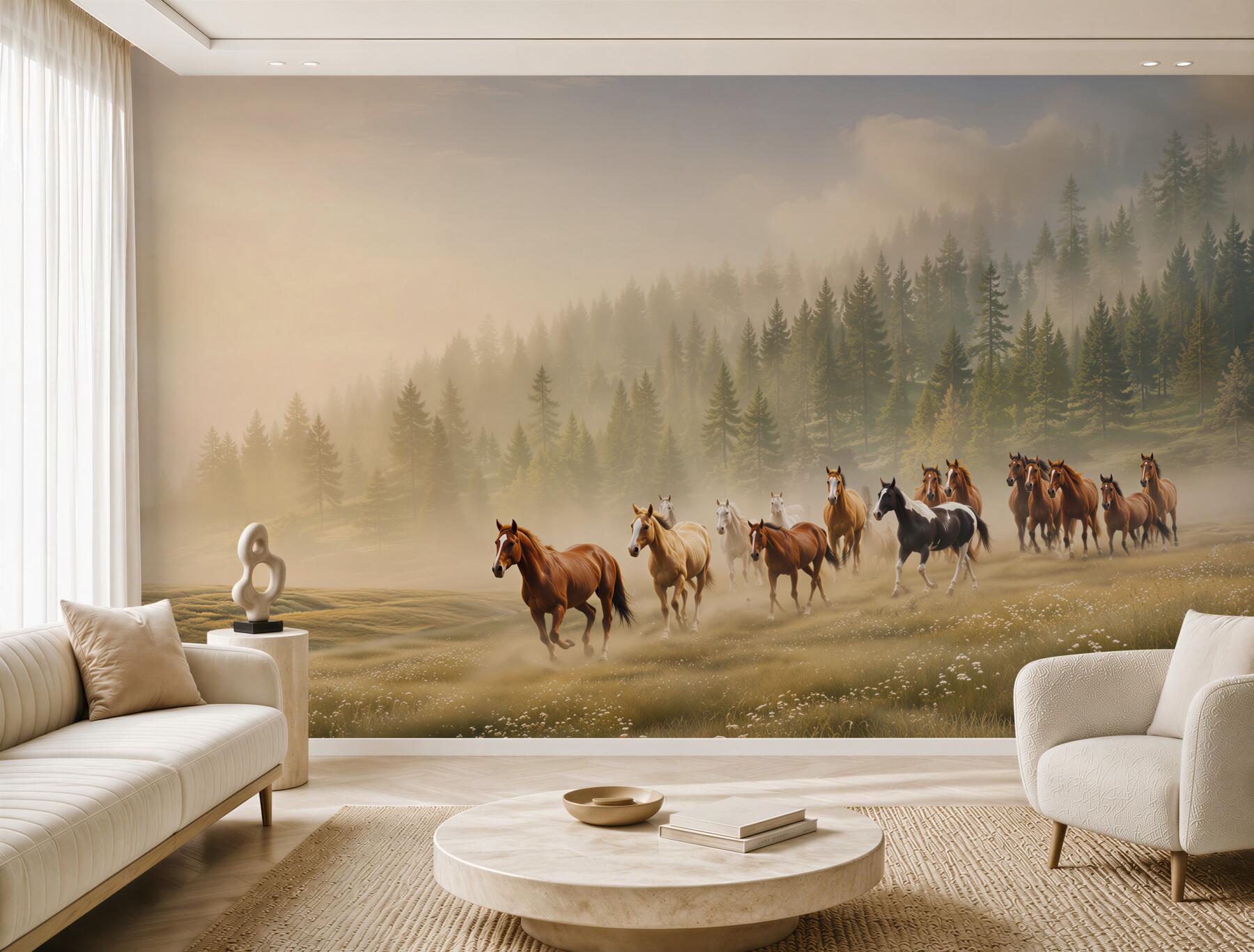 Fotobehang rijdende paarden door het bos