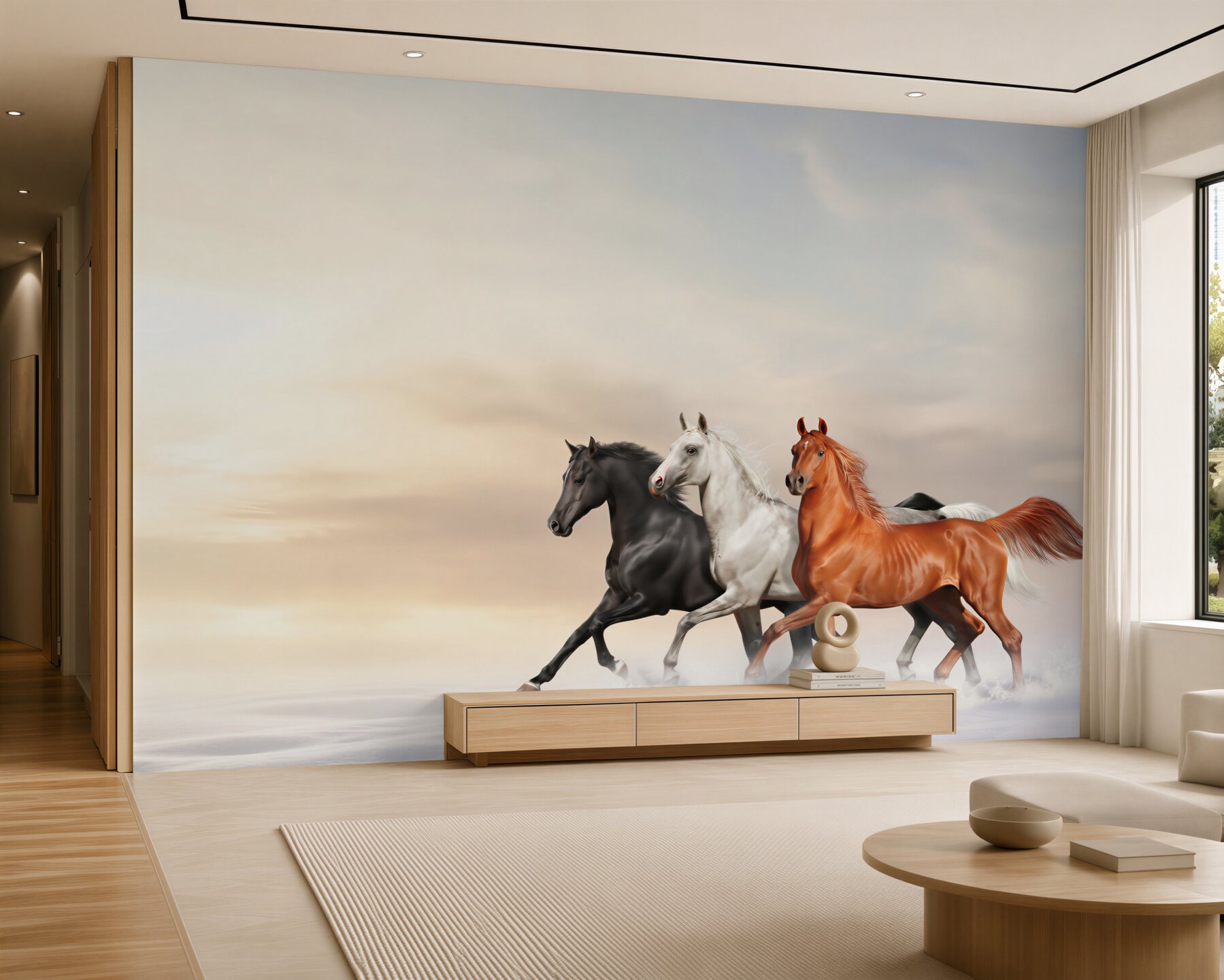 Fotobehang drie paarden galopperend over de sneeuw
